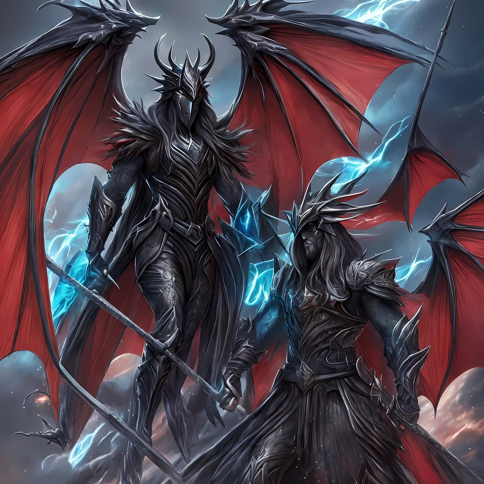 Wizard man with dragon and angel aspects maintaining the form of man but having gara scales tail and wings and dragon eyes of two different colors keep the colors black and red and blue --auto --s2