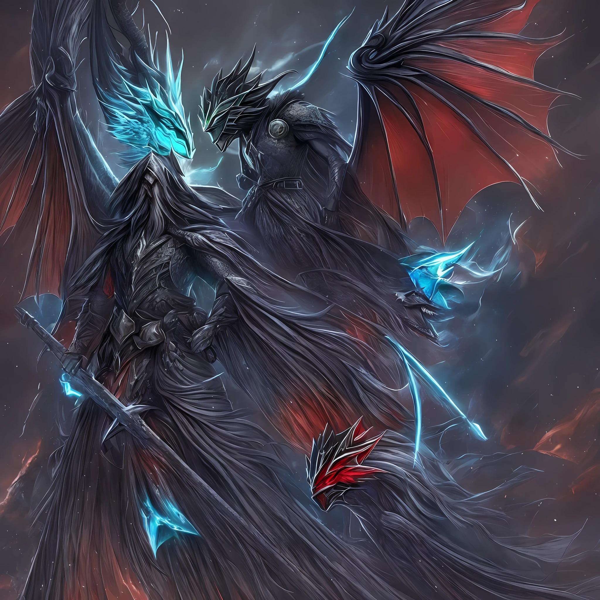 Wizard man with dragon and angel aspects maintaining the form of man but having gara scales tail and wings and dragon eyes of two different colors keep the colors black and red and blue --auto --s2