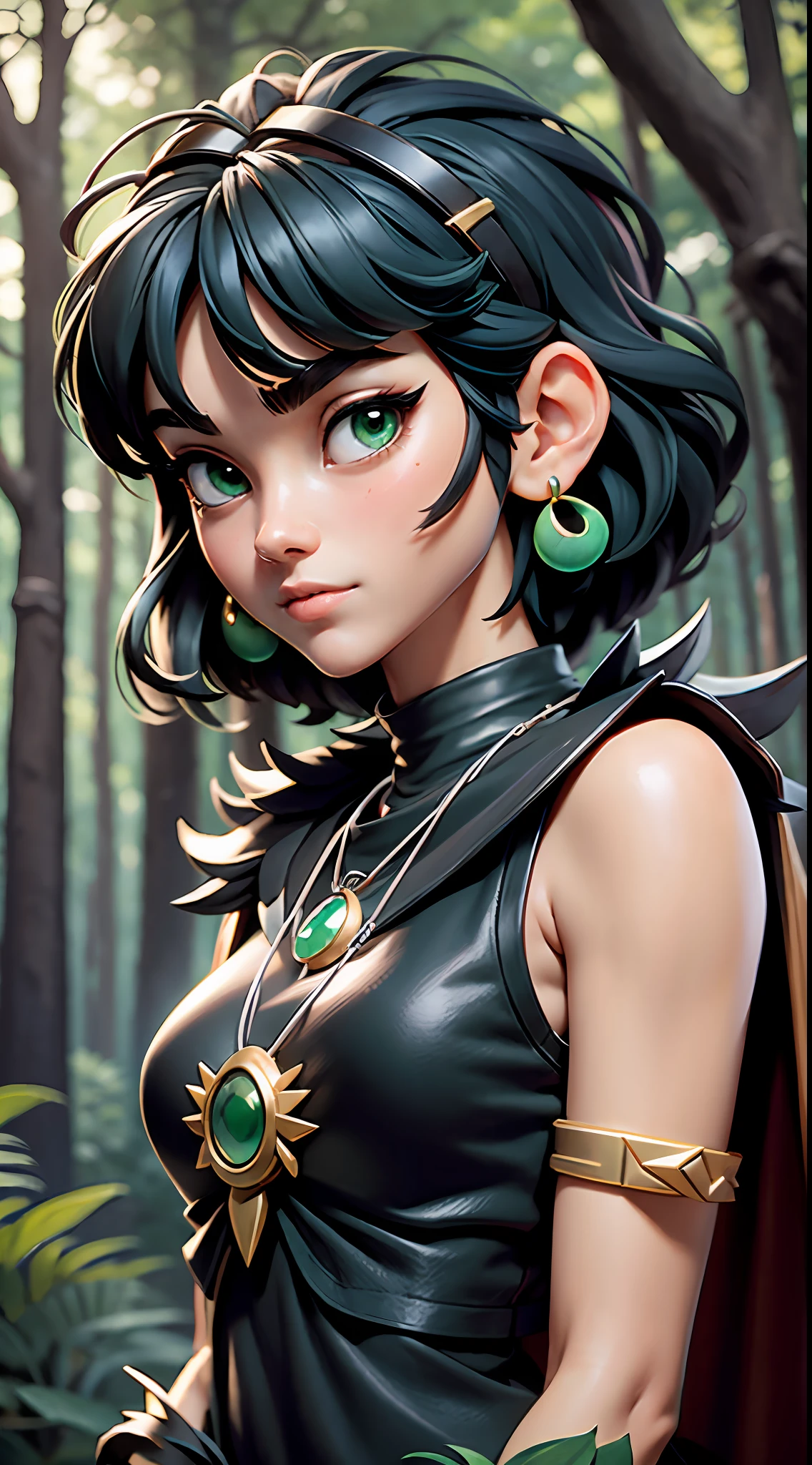 mj3d style,3dmm,3d,(masterpiece, best quality:1.1), ghibli style, san \(mononoke hime\), 1girl, armlet, bangs, black hair, black undershirt, breasts, cape, circlet, earrings, facepaint, floating hair, forest, fur cape, green eyes, jewelry, looking at viewer, medium breasts, nature, necklace, outdoors, parted bangs, shirt, short hair, sleeveless, sleeveless shirt, solo, tooth necklace, tree, upper body, white shirt