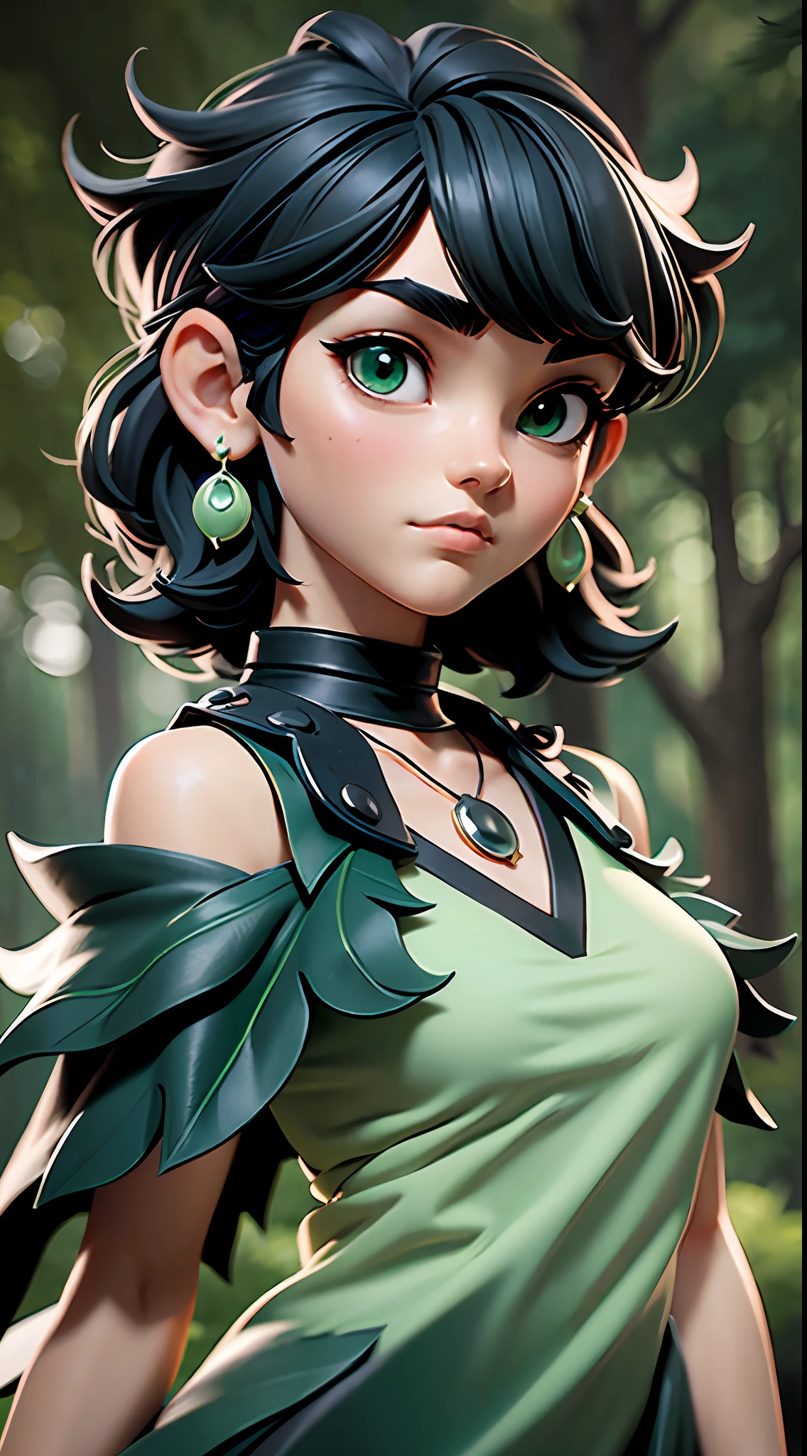 mj3d style,3dmm,3d,(masterpiece, best quality:1.1), ghibli style, san \(mononoke hime\), 1girl, armlet, bangs, black hair, black undershirt, breasts, cape, circlet, earrings, facepaint, floating hair, forest, fur cape, green eyes, jewelry, looking at viewer, medium breasts, nature, necklace, outdoors, parted bangs, shirt, short hair, sleeveless, sleeveless shirt, solo, tooth necklace, tree, upper body, white shirt