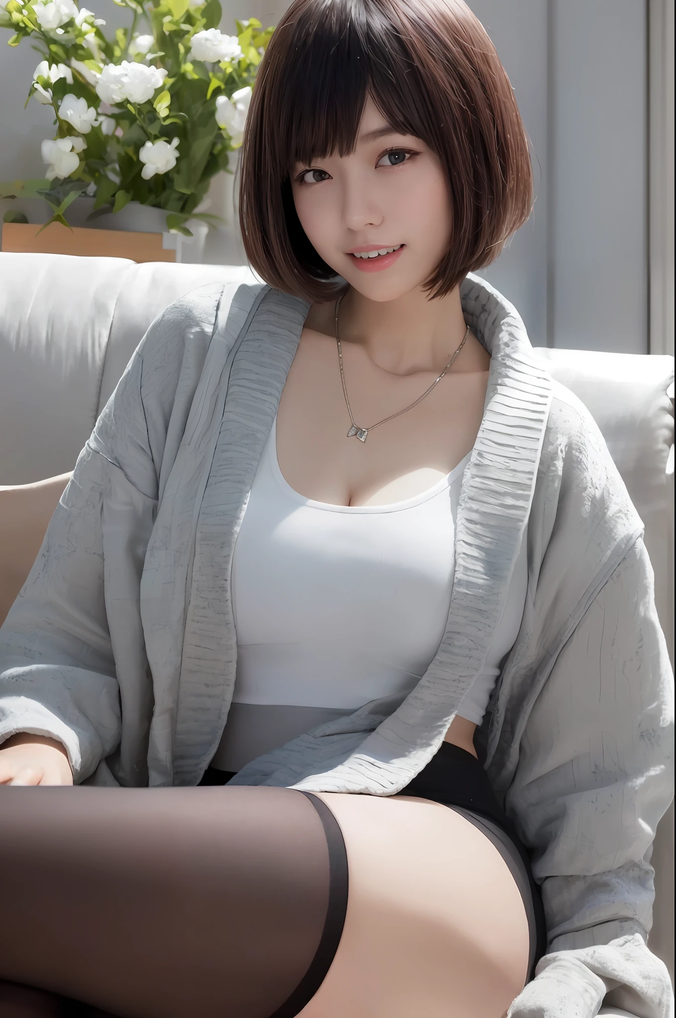 Smiling minchen, ridiculous, closed mouth, balanced eyes, black thigh socks, pantyhose, (Best Quality Detail: 1.2), Realistic, 8K HD, Ultra Detailed, High Quality Texture, Complex Detail, Detailed Texture, Fine Detail, High Detail, Very Detailed CG, High Quality Shadows, Delicate Beautiful Delicate Face, (Delicate Beautiful Delicate Eyes: 1.32), Depth of Field, Ray Tracing, (A Beautiful 25 Year Old Cute Japanese Lady: 1), Big Breasts, Tall Women, Stockings Beautiful Legs, Glowing Eyes, Blush, Perfect Body Petite, Scrawny, Blurred Outdoor Background, Silver Skinny Bra, Blue Taste Denim Coat, Cardigan Coat: 1.1, [Brown skirt]: 1, stockings and suspenders: 1.2, short hair, comfortable living room, sun, sitting on sofa, earrings, necklace, model, looking at the audience, dynamic pose, earrings, necklace, model, looking at the audience, from the side, dynamic pose, front, display stockings
