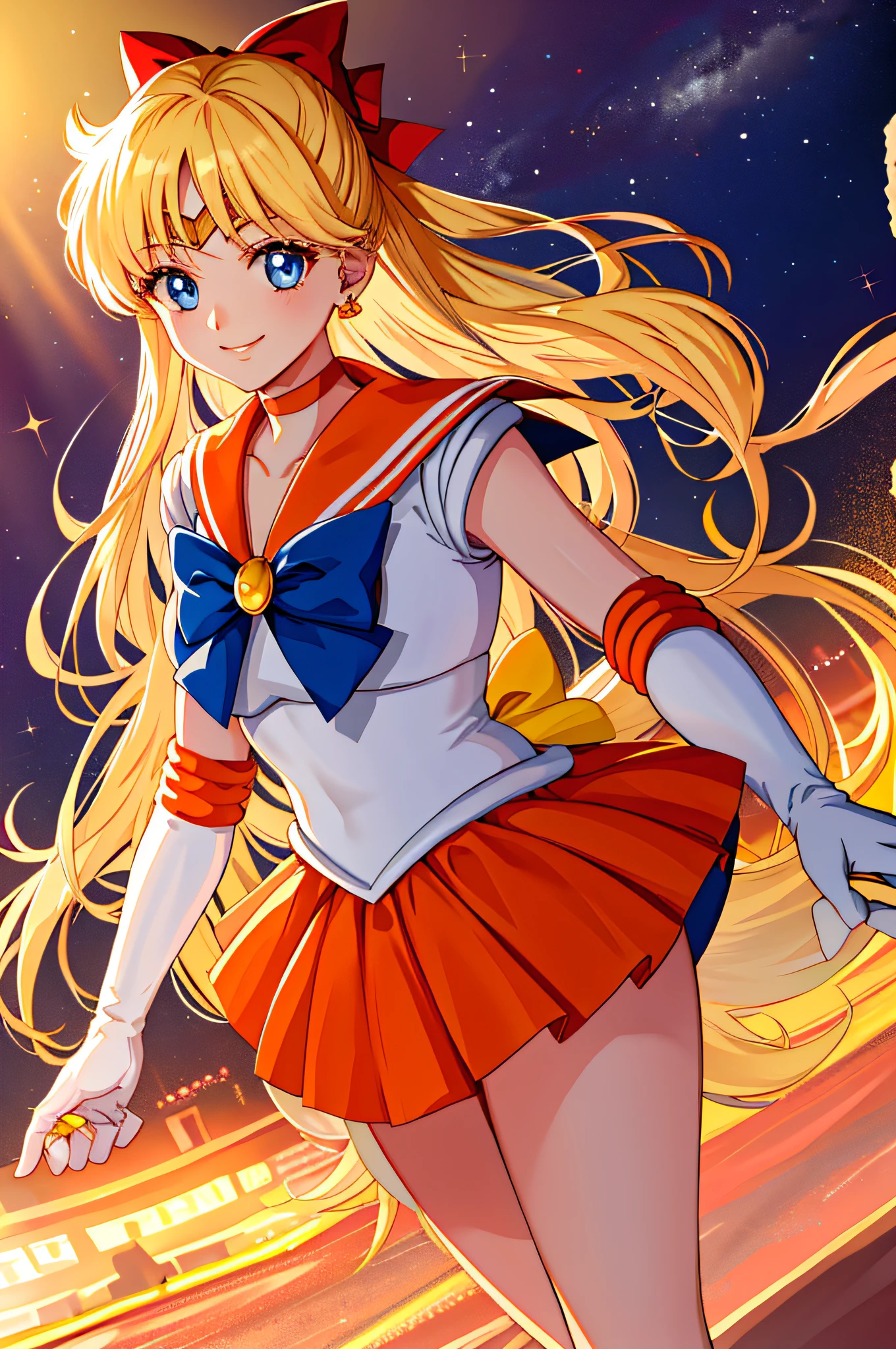 masterpiece, best quality, highres, venus1, 1girl, solo, sailor senshi uniform, sailor venus, aino minako, blonde hair, magical girl, blue eyes, orange skirt, elbow gloves, tiara, pleated skirt, hair bow, orange sailor collar, miniskirt, choker, red bow, orange choker, white gloves, very long hair, jewelry, earrings, cowboy shot, smile,