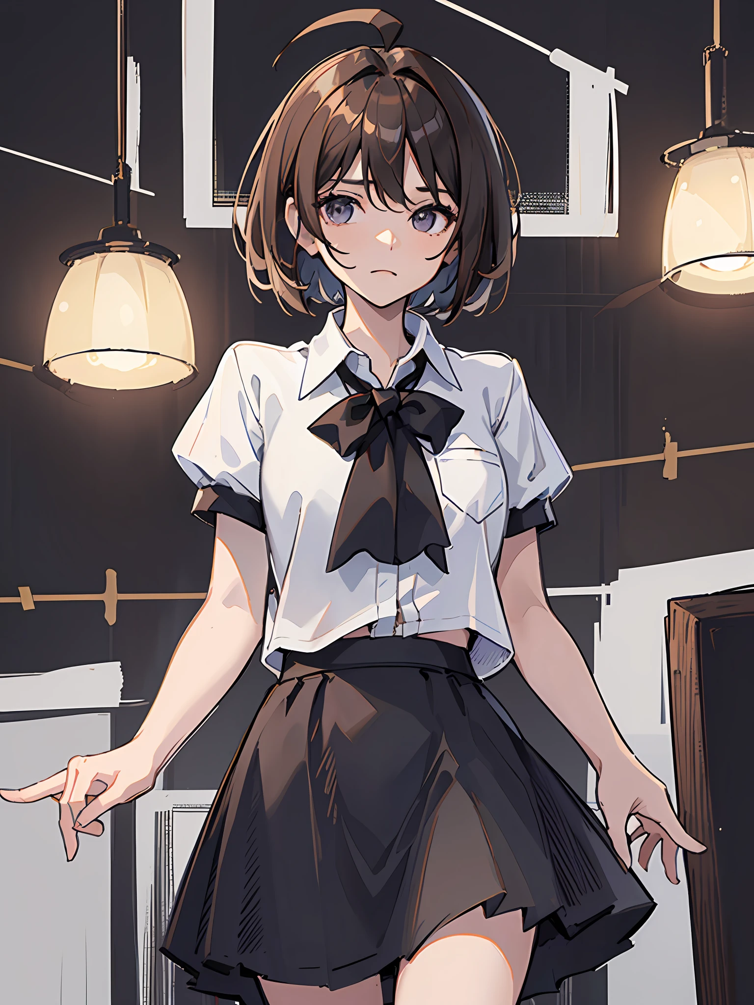 ((Masterpiece, Best Quality)), (1 Girl), (Solo), (Female Focus), (Ahoge, Dark Brown Hair, Short Hair, Short Bob), Black Eyes, (White Shirt), (Black Skirt), (Black Skirt), Standing Facing Forward, White Background, Calm Atmosphere