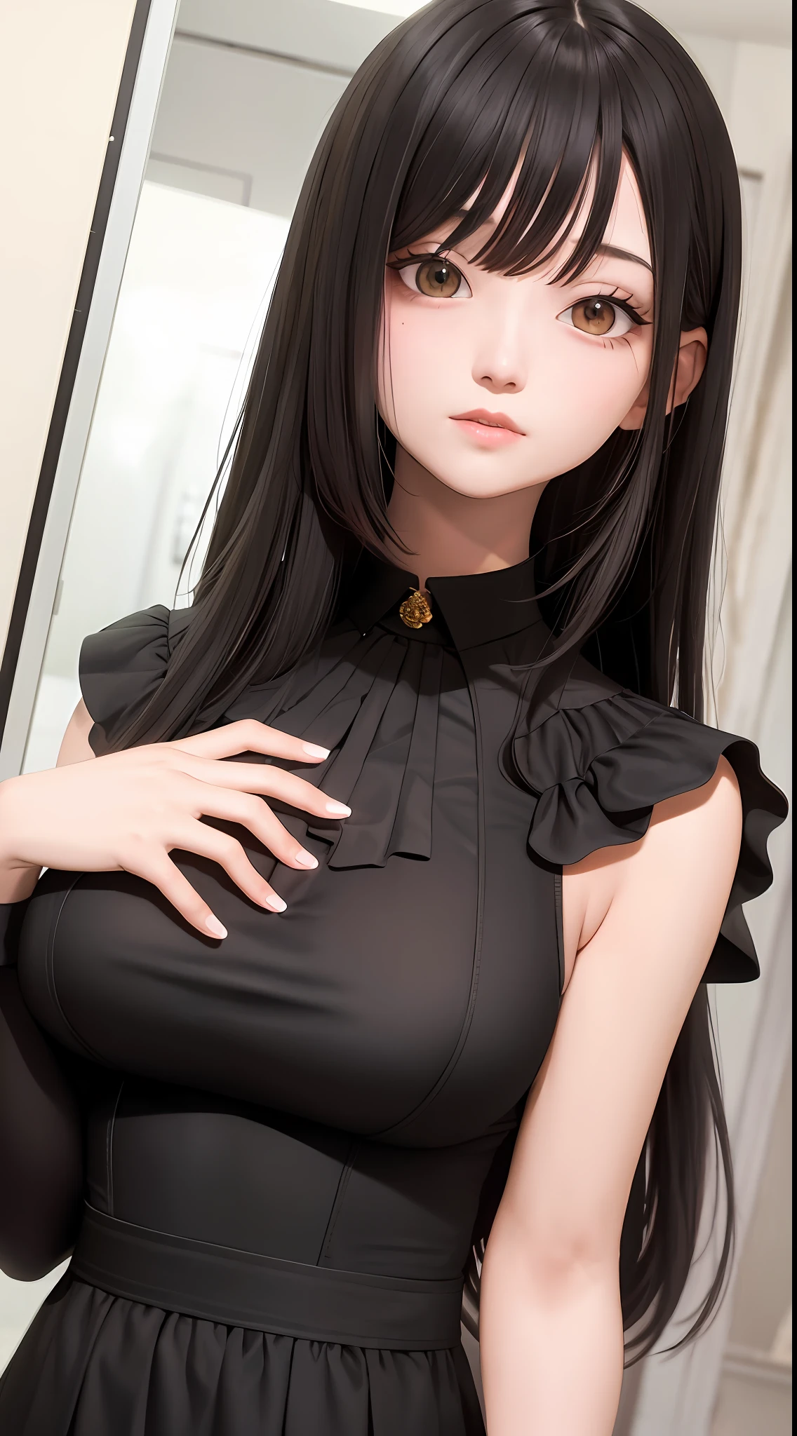 best quality, masterpiece,black hair, brown eyes, upper body
