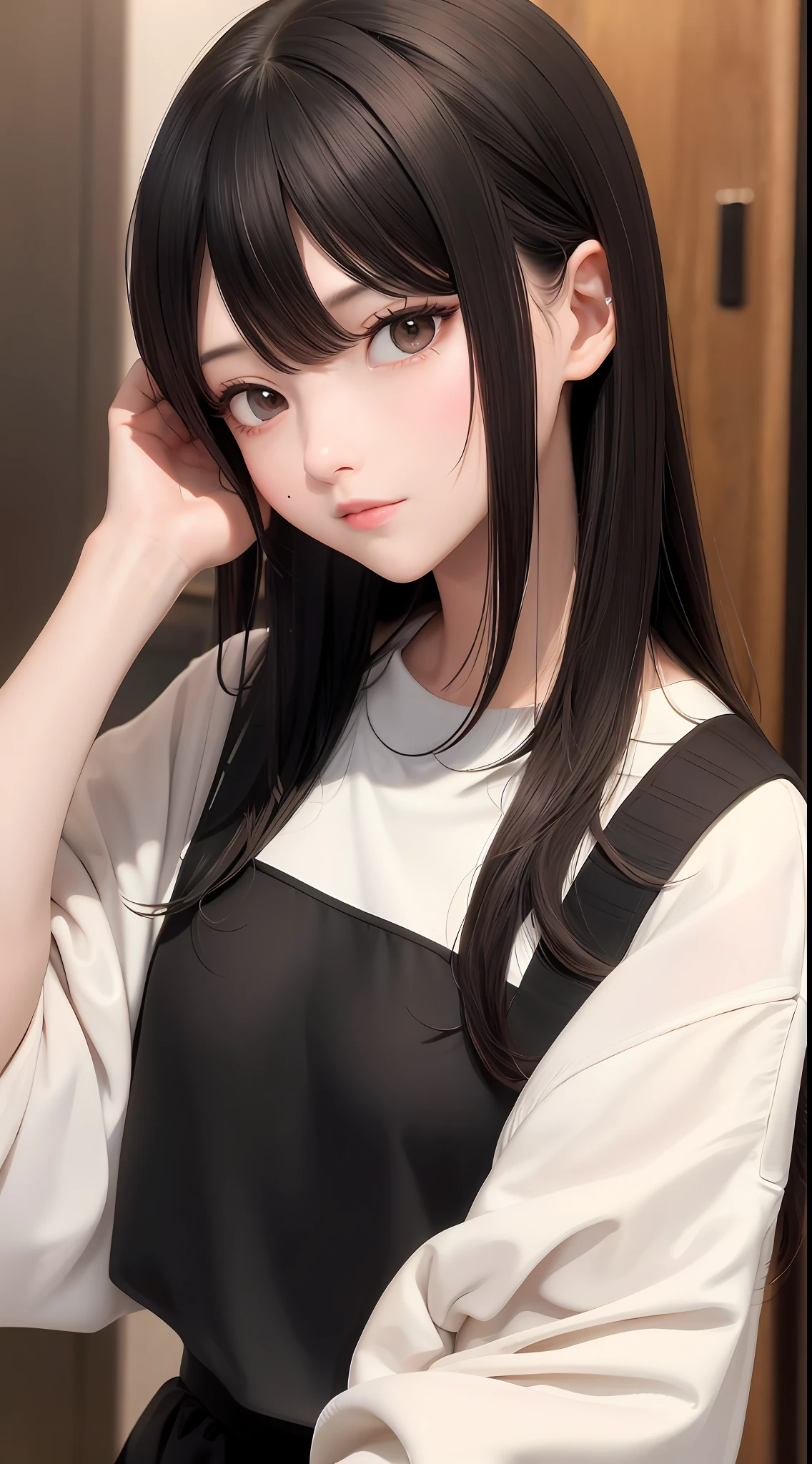 best quality, masterpiece,black hair, brown eyes, upper body
