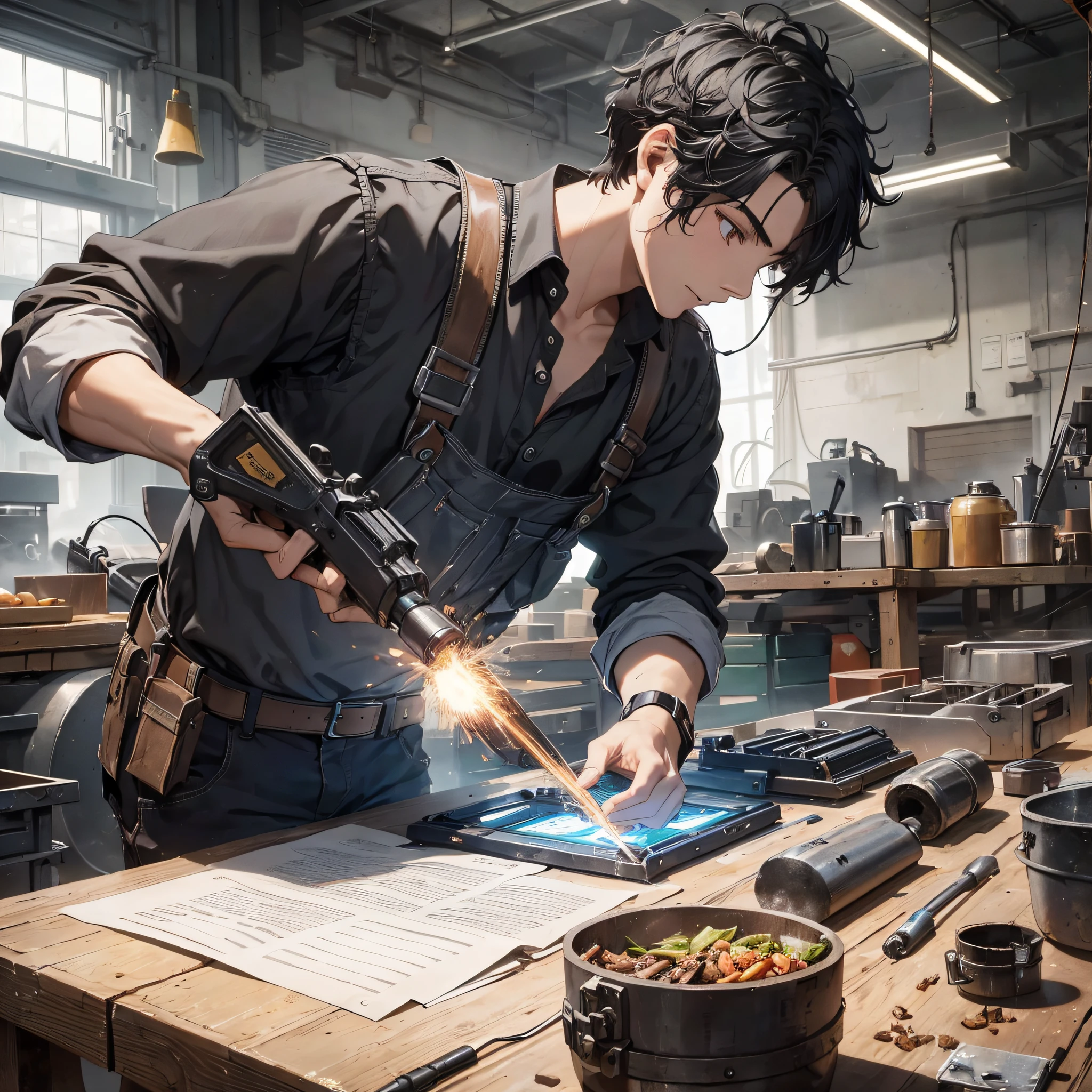 Absurd resolution, high resolution, (masterpiece: 1.4), hyper-detail, young man's messy short black hair, welder dressed up, factory high-tech workbench, tech-sense screen --auto --s2