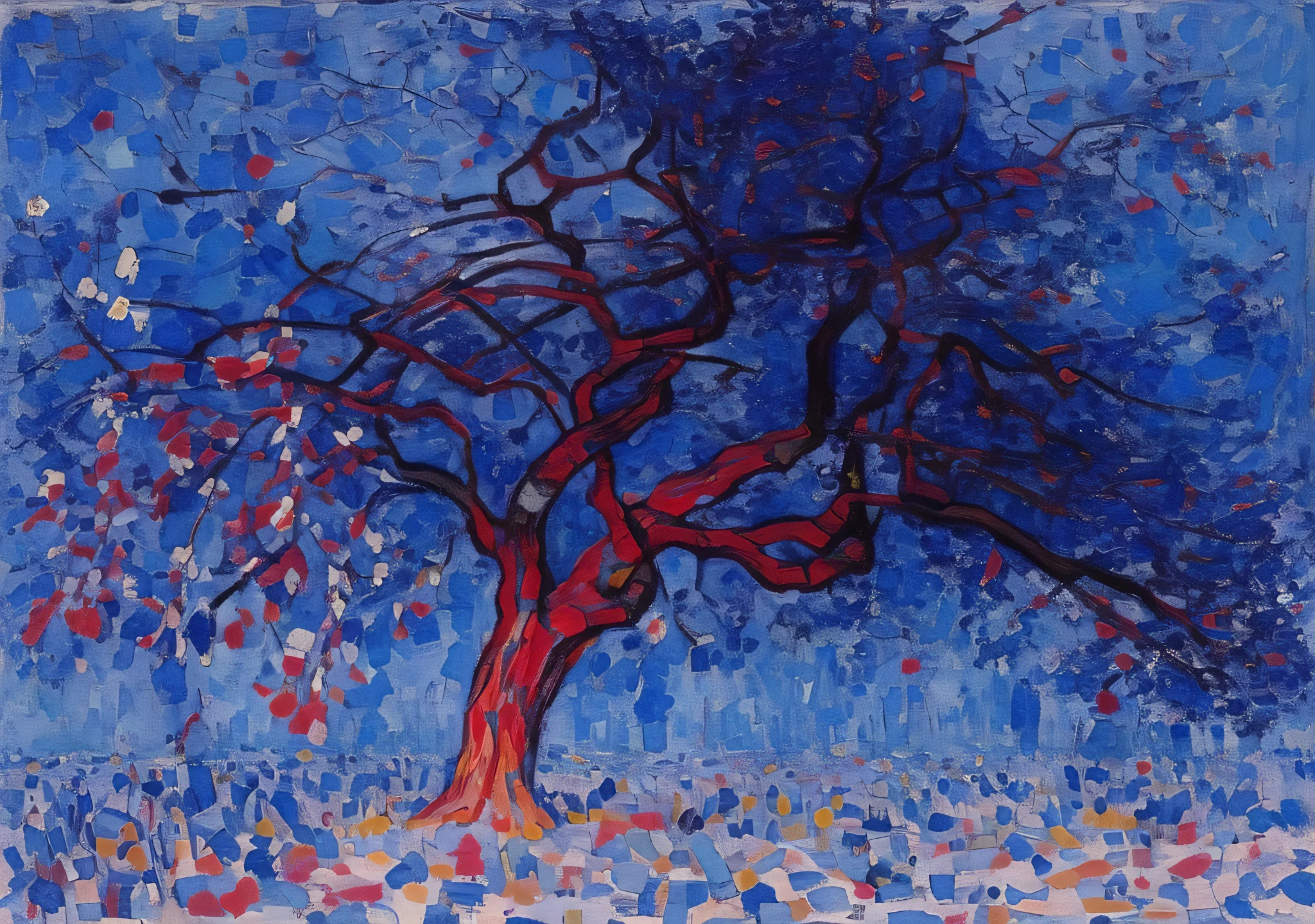 painting of a tree with no leaves in a blue sky, by Piet Mondrian, by David Burliuk, by Giovanni Giacometti, by Marianne von Werefkin, by Edward Willis Redfield, by Tom Thomson, kandinski, light red and deep blue mood, style of stanley donwood, claude monet), inspired by David Burliuk
