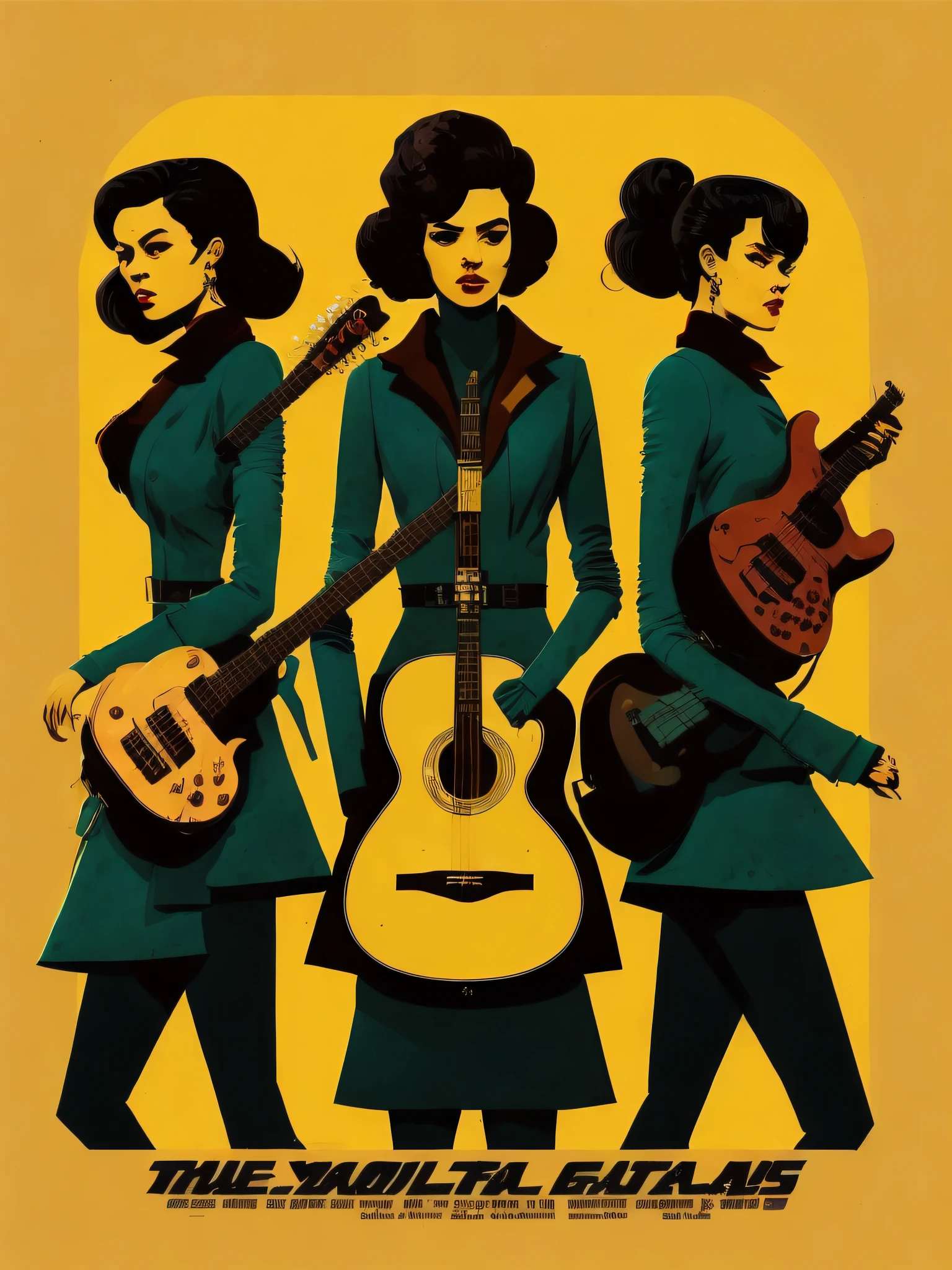 a movie poster of three women with guitars in front of a building with a yellow background by Olly Moss