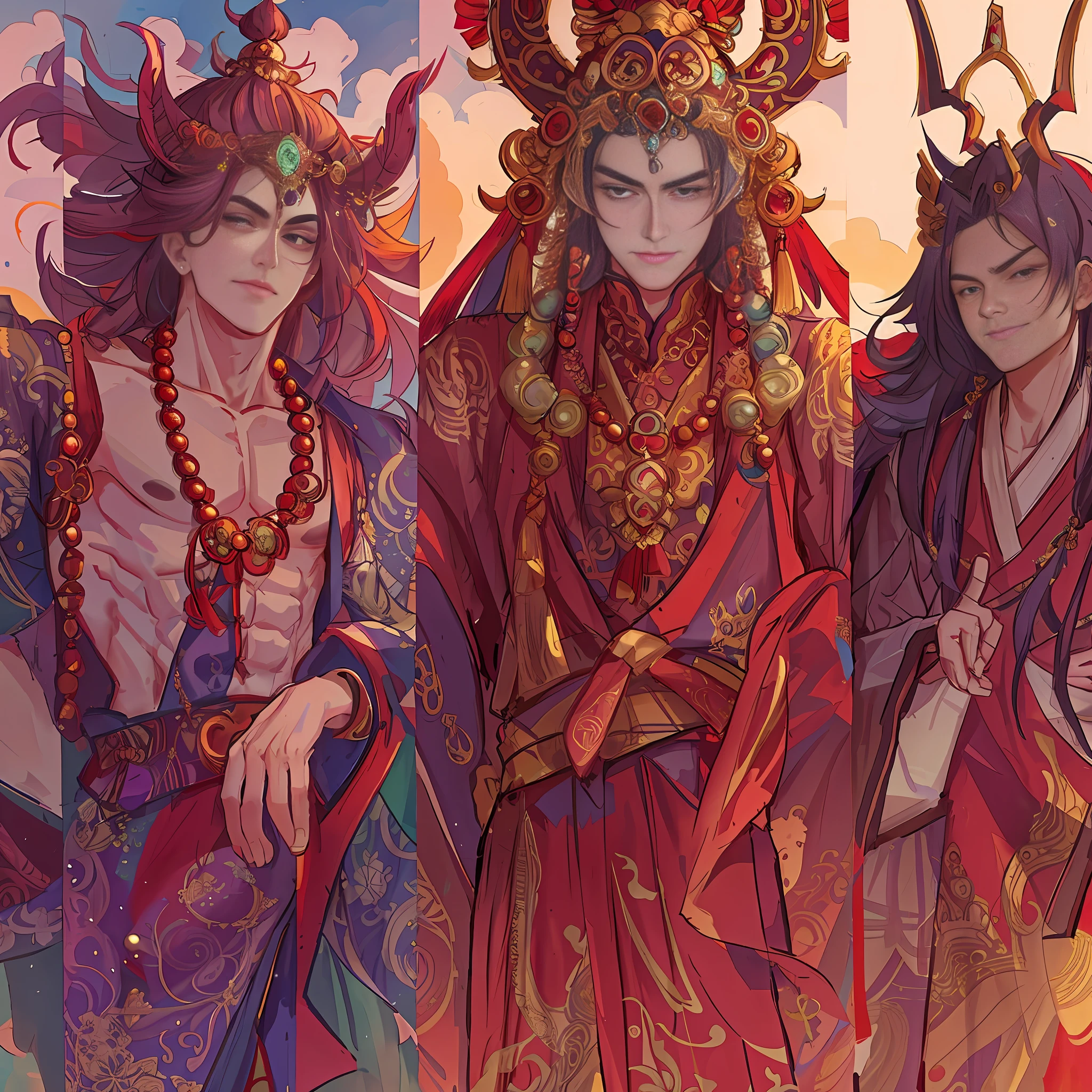 Envision a serene village filled with individuals who boast hair in a variety of striking and vivid colors. Their attire marries the fluid elegance of loose Chinese robes, decorated with intricate designs, and the ornate beauty of Hindu jewelry. Each piece of their outfit is a testament to their vibrant, richly blended culture. handsome, good-looking, sexy, muscular, elegant, bare chest,