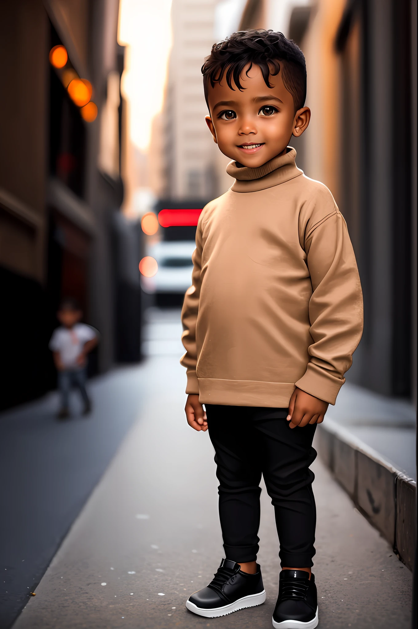 Full body 3D realism, of a standing 2-year Brazan boy, standing on a city street ((standing)) (full body) ((light brown skin color)), cute smile, thin face, wearing long turtleneck shirt, black black pants and shoes, current fashion, shaved style haircut is short and smooth, dark lighting background, detailed facial details, perfect face, thin face, big eyes, sharpness, trend art, sharp facial details, cgsociety, ultra digital art quality, hyper exquisite details, 4k, 8k soft lighting, --iso 100 dreamer, fashion- standing on a city street