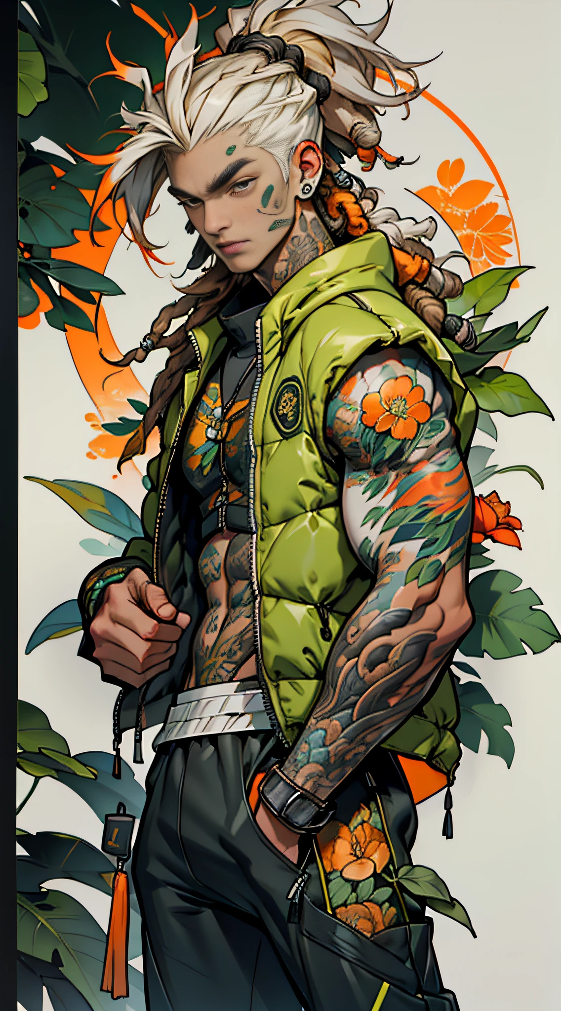 green:1.5, orange:1.1, white:1.3, yellow:1.3, (rapper with dread hair),tattoos, (power puffer clothes:1.2),flowers,leaves,fog,lines,circles background