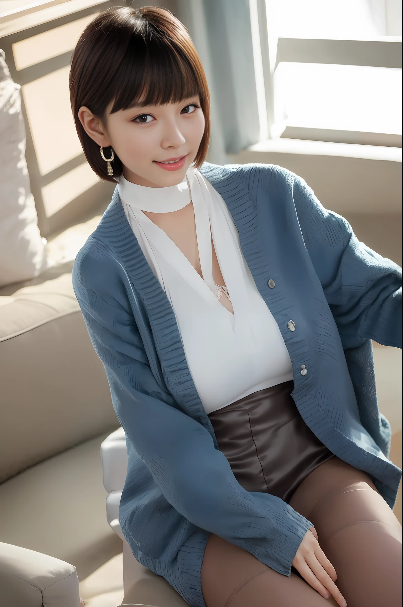 Smiling minchen, ridiculous, closed mouth, balanced eyes, black thigh socks, pantyhose, (Best Quality Detail: 1.2), Realistic, 8K HD, Ultra Detailed, High Quality Texture, Complex Detail, Detailed Texture, Fine Detail, High Detail, Very Detailed CG, High Quality Shadows, Delicate Beautiful Delicate Face, (Delicate Beautiful Delicate Eyes: 1.32), Depth of Field, Ray Tracing, (A Beautiful 25 Year Old Cute Japanese Lady: 1), Big Breasts, Tall Women, Stockings Beautiful Legs, Glowing Eyes, Blush, Perfect Body Petite, Scrawny, Blurred Outdoor Background, Silver Skinny Bra, Blue Taste Denim Coat, Cardigan Coat: 1.1, [Brown skirt]: 1, stockings and suspenders: 1.2, short hair, comfortable living room, sun, sitting on barstool, earrings, necklace, model, looking at the audience, dynamic pose, earrings, necklace, model, looking at the audience, from the side, dynamic pose, front, display stockings