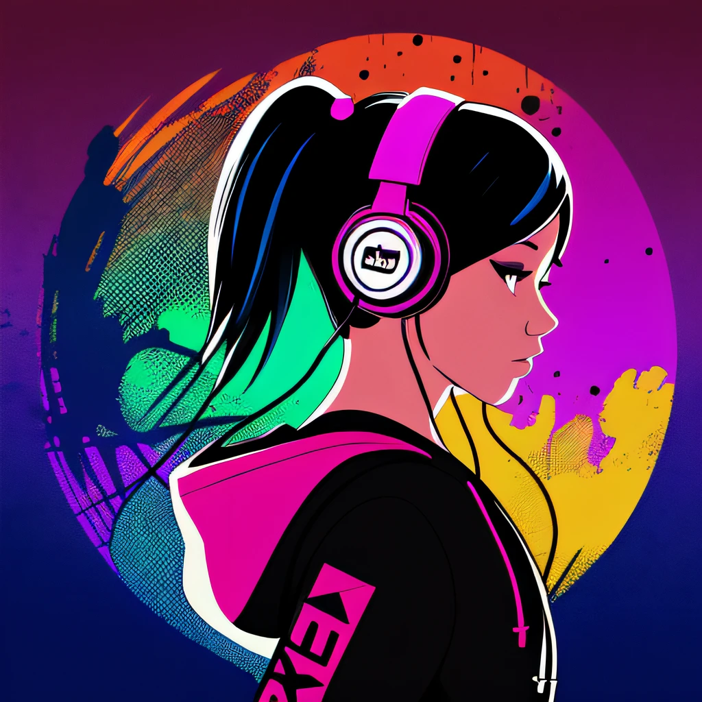 ink art, vector, girl wearing a hoodie and headphones, colorful background, highly detailed, photo from side, music album cover, slightly looking to camera,