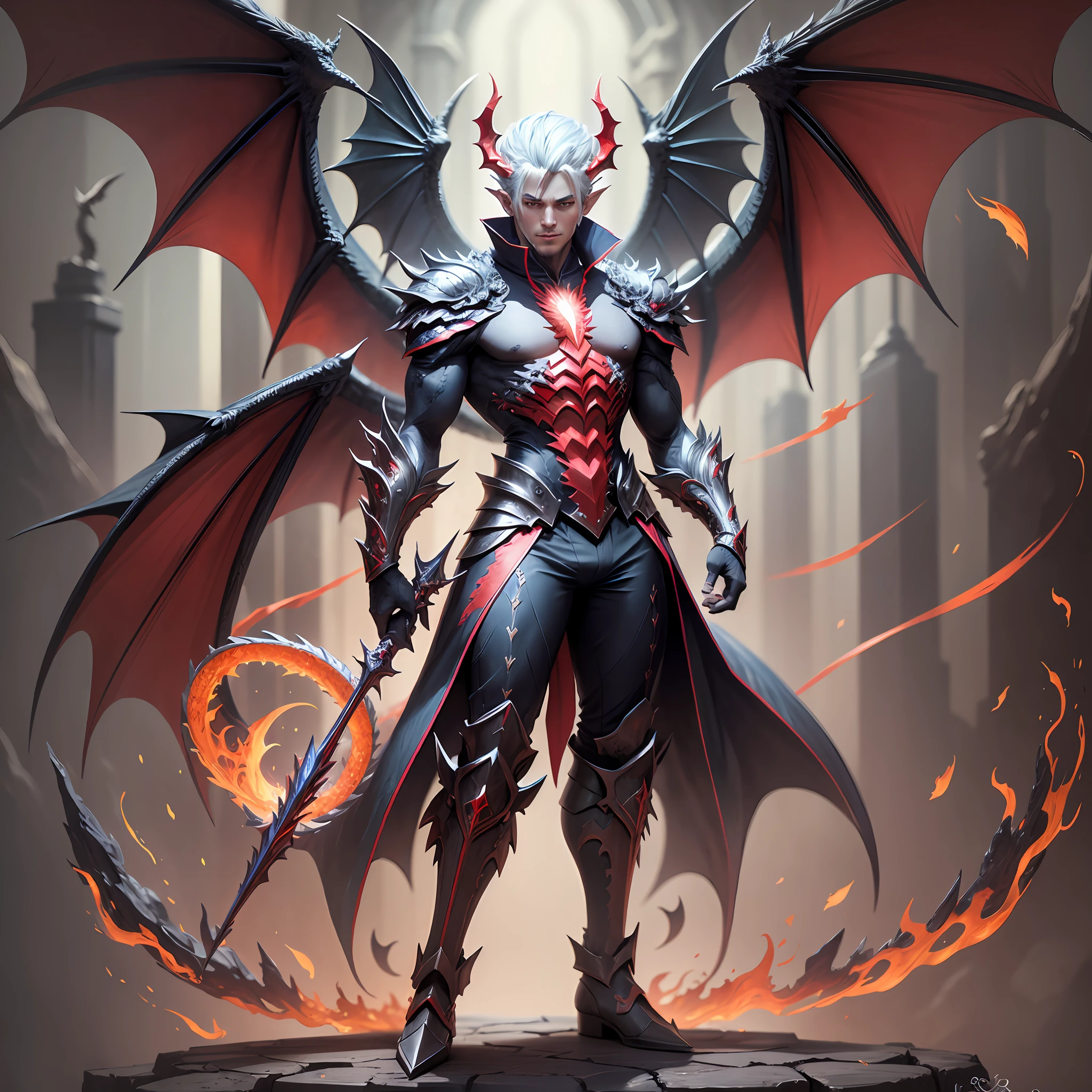 Wizard man with dragon and angel aspects maintaining the form of man but having scales garas tail and wings and dragon eyes of two different colors keep the colors black and red --auto --s2