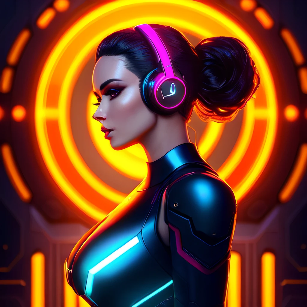 modelshoot style, full length photo of a sexy beautiful celebrity futuristic sci-fi , wearing headphone, detailed face, high quality face, beautiful, highly detailed, high quality, 8k, energy light, metal, shiny, cyberpunk style, neon light, city in background, (surface scattering:1.3), reflection