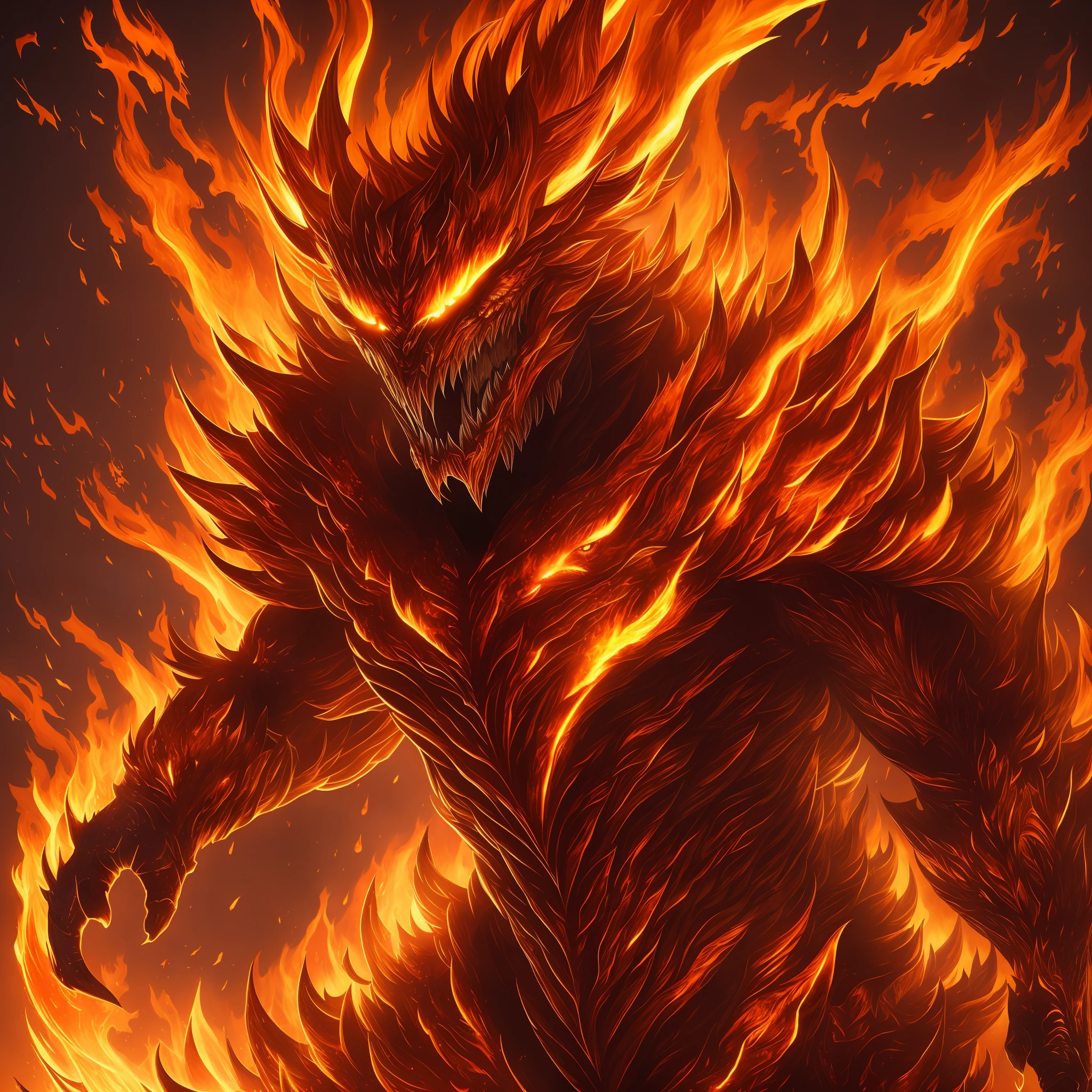 "An incredibly detailed illustration of a monstrous fire humanoid creature, with the best lighting and the most realistic shadows. A dynamic approach and dramatic angle, with an emphasis on its powerful and fierce bearing. Its bright, colorful blazing flames further intensify its terrifying appearance. The background has effects --auto --s2