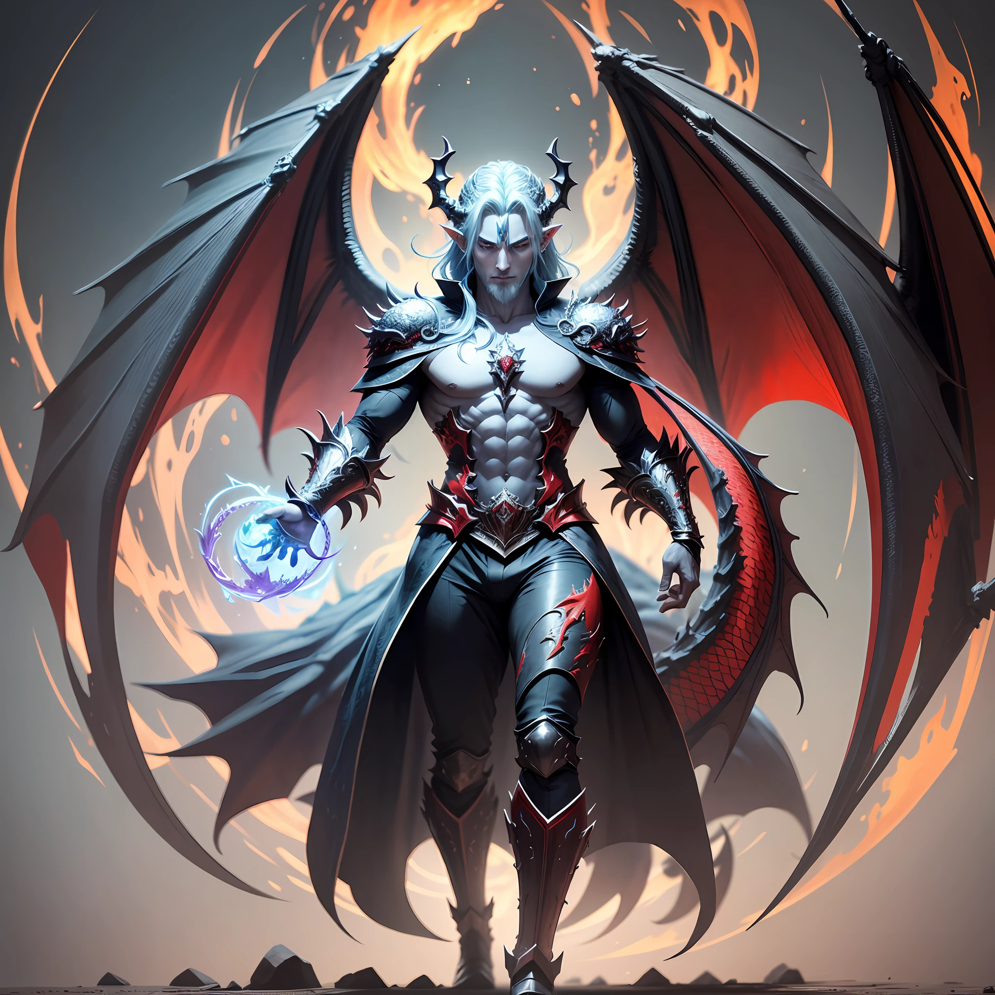 Wizard man with dragon and angel aspects maintaining the form of man but having scales garas tail and wings and dragon eyes of two different colors keep the colors black and red --auto --s2
