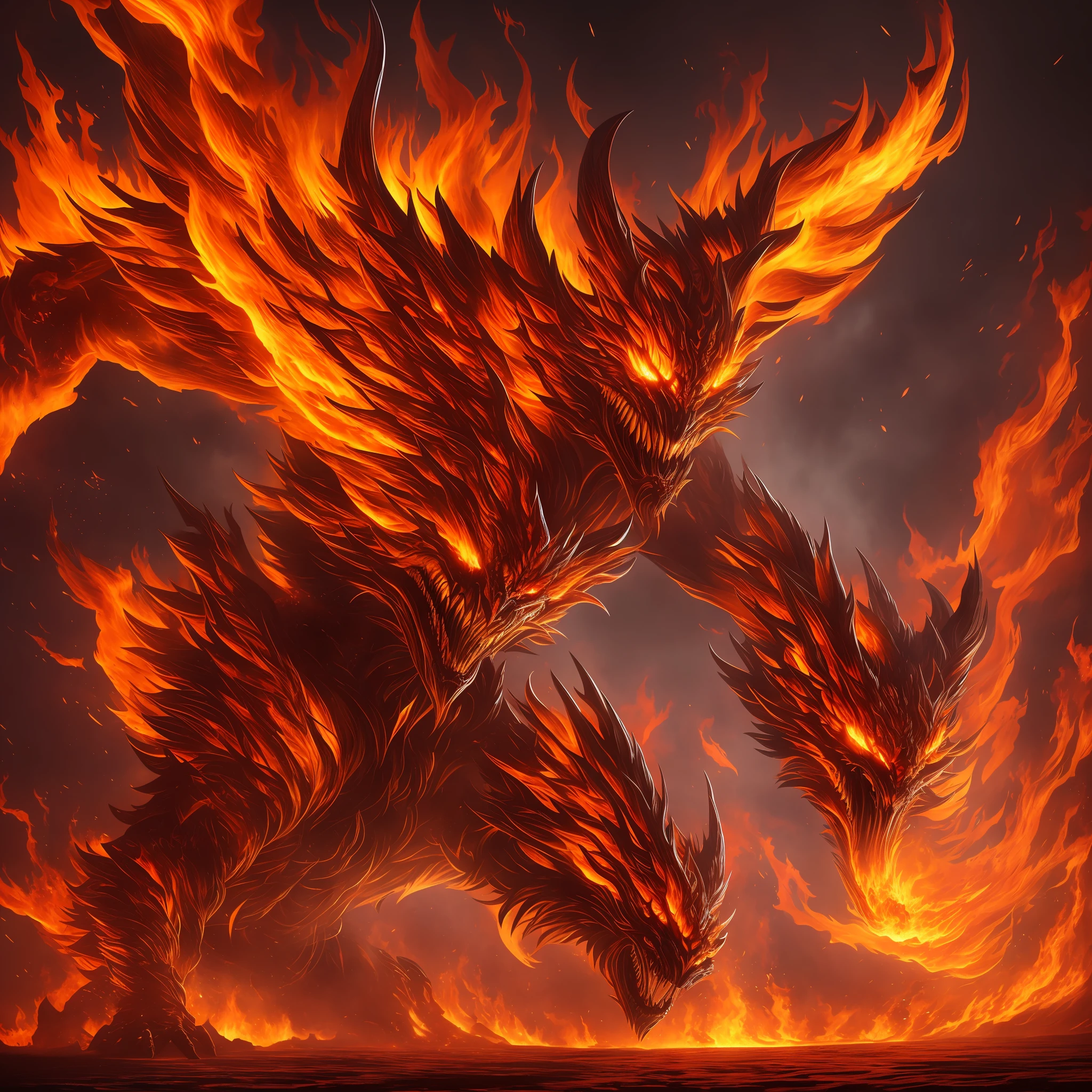 "An incredibly detailed illustration of a monstrous fire humanoid creature, with the best lighting and the most realistic shadows. A dynamic approach and dramatic angle, with an emphasis on its powerful and fierce bearing. Its bright, colorful blazing flames further intensify its terrifying appearance. The background has effects --auto --s2