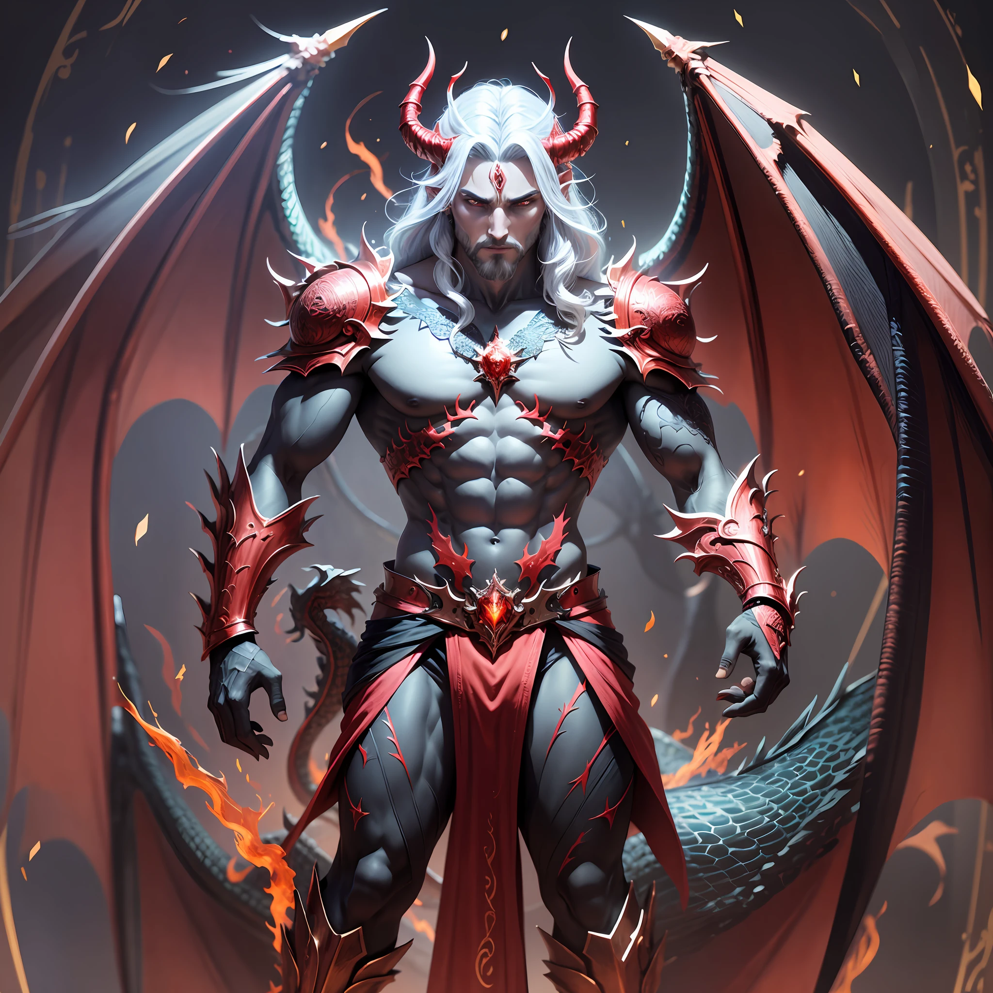 Wizard man with dragon and angel aspects maintaining the form of man but having scales garas tail and wings and dragon eyes of two different colors keep the colors black and red --auto --s2