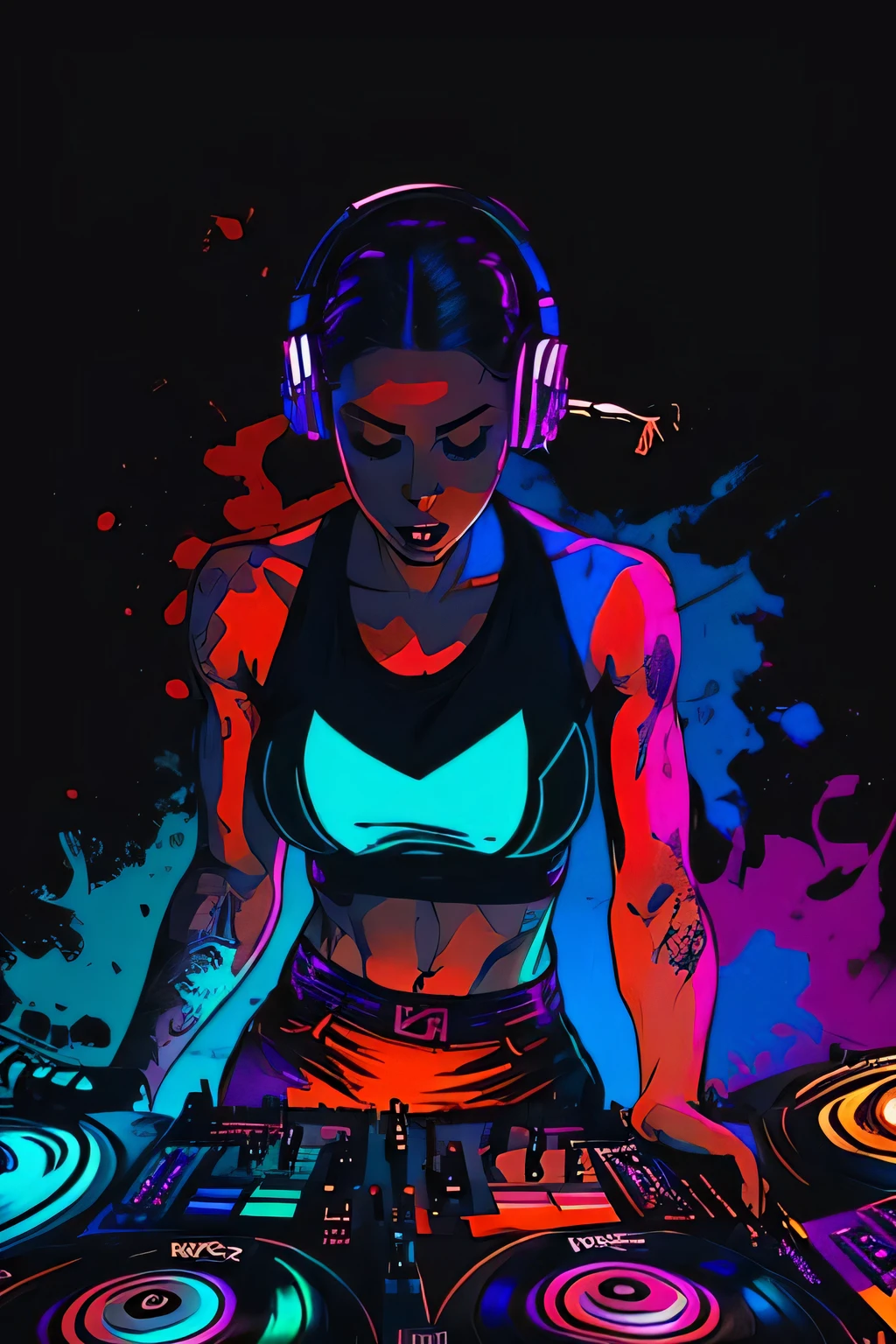 art decu (illustration), 21 y.o. woman, (((dj))) at work, powerful physique, expressive, split contrasting colors, expressive face, dark studio lighting, colorful art>
