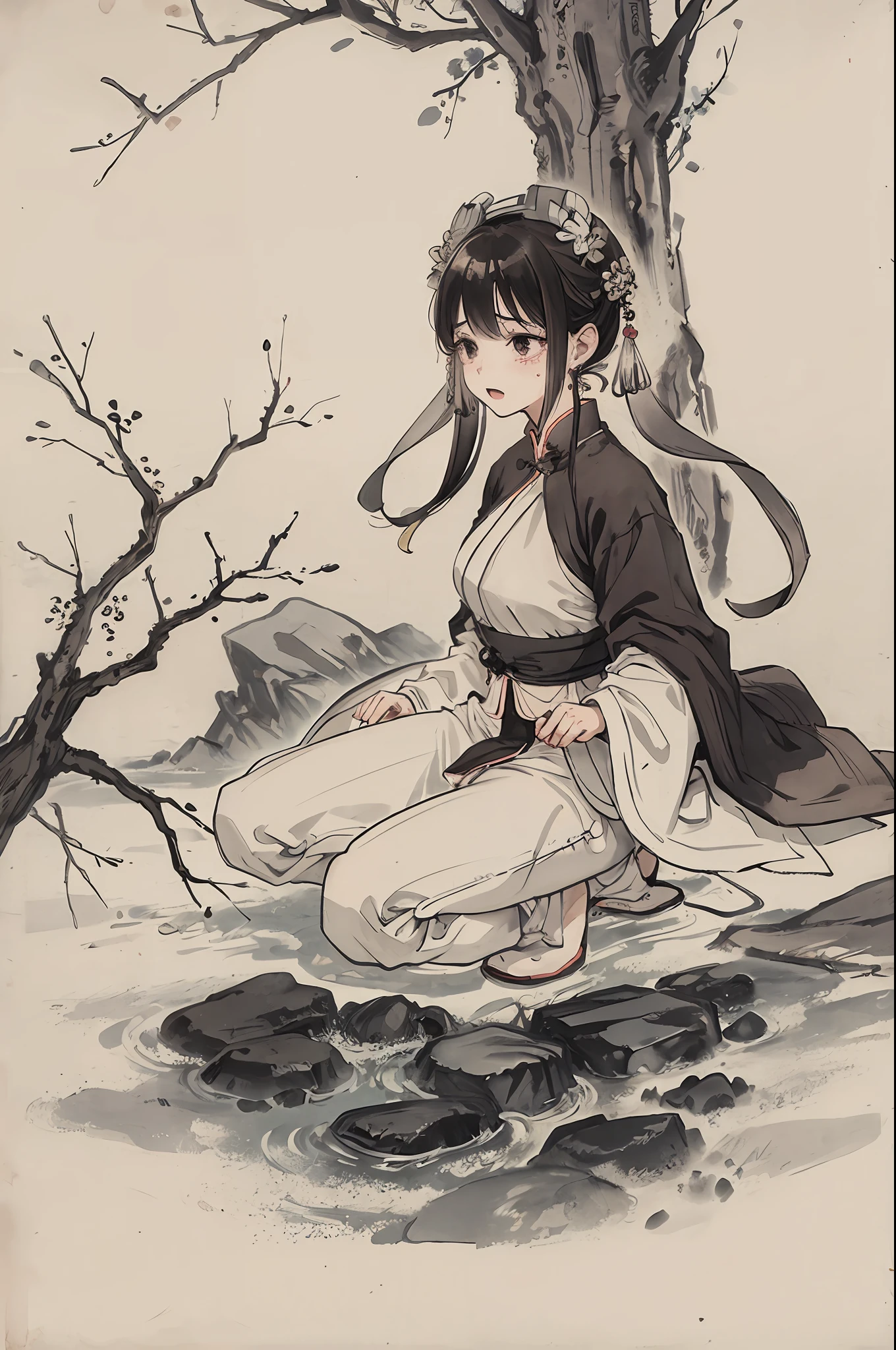 Traditional Chinese ink painting, a crying child watching a person sacrifice for the salvation of the world.