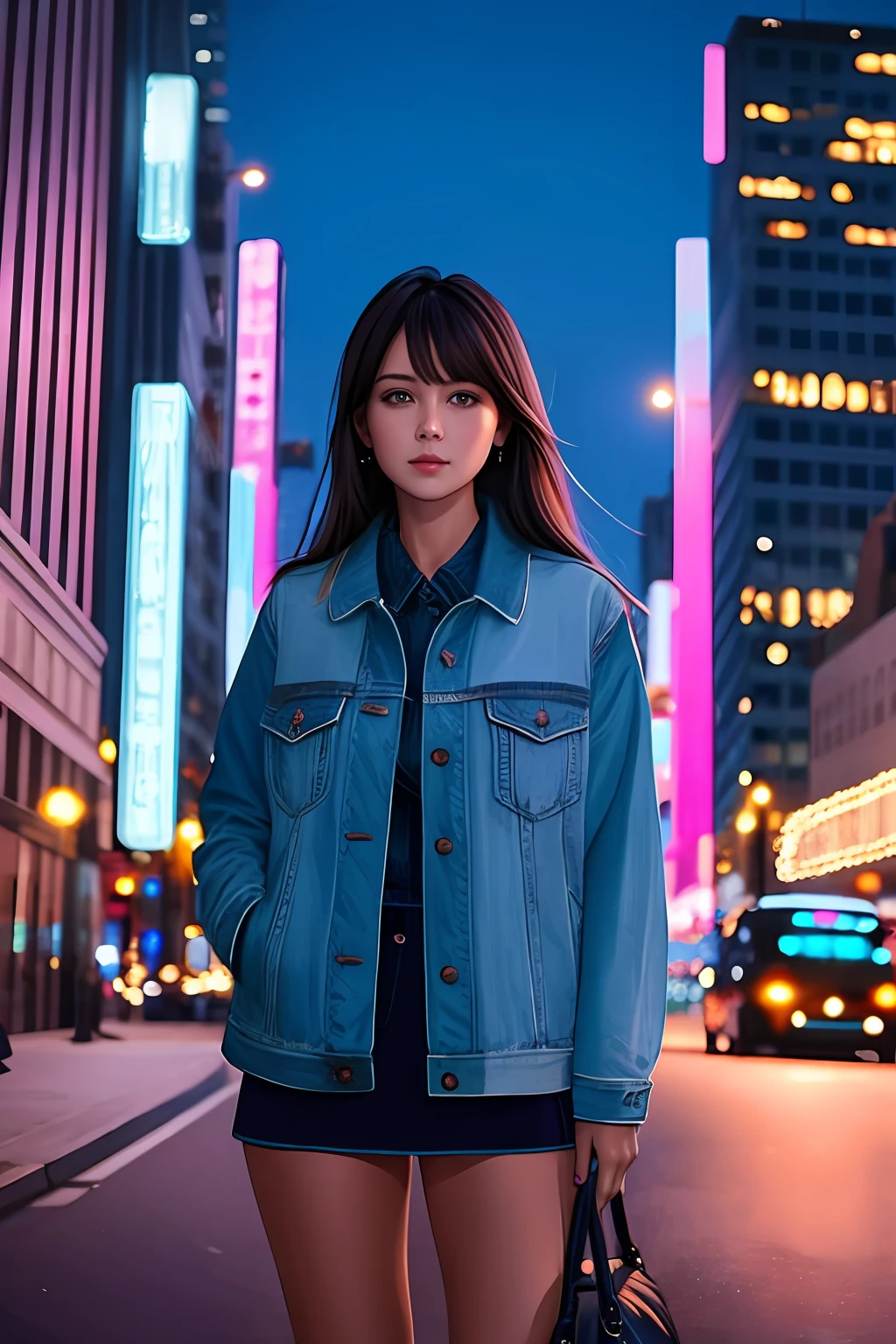(best quality, masterpiece, ultra realistic), girl, city at night, blue