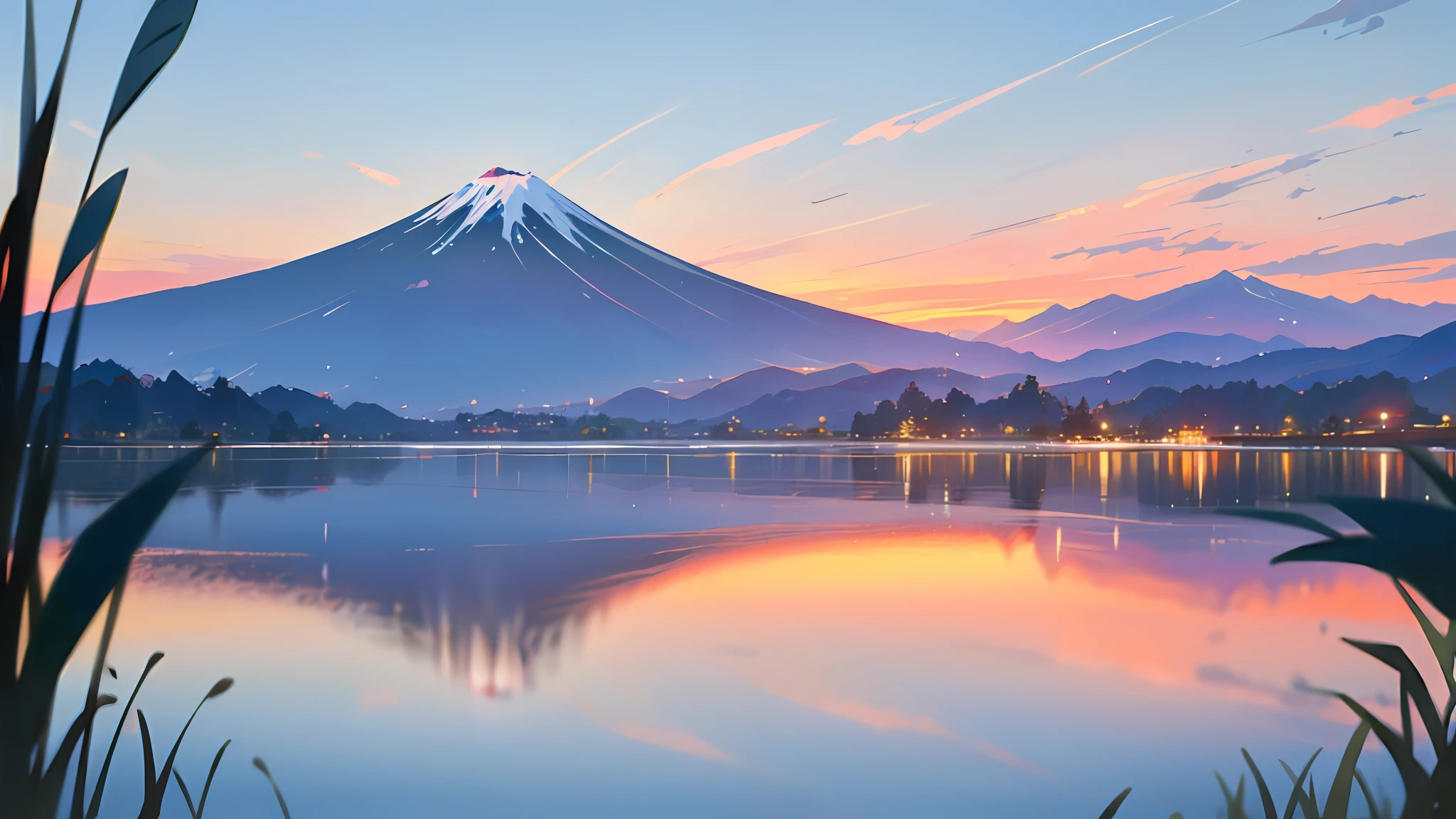 best quality, masterpiece, extremely detailed, detailed background, anime, 1girl, young girl, long hair girl, expressive face, hands behind head, kimono, retro, mount fuji lansdscape, outdoors, sunset, beautiful sky, lake picnic, landscape, scenery, horizon, mountain sitting near mountain, wind, flower petal, spring, looking away, atmospheric lighting, reflection, naturalistic, detail, realism. relaxation, beauty, solo focus, close up, from side, depth of field, bokeh