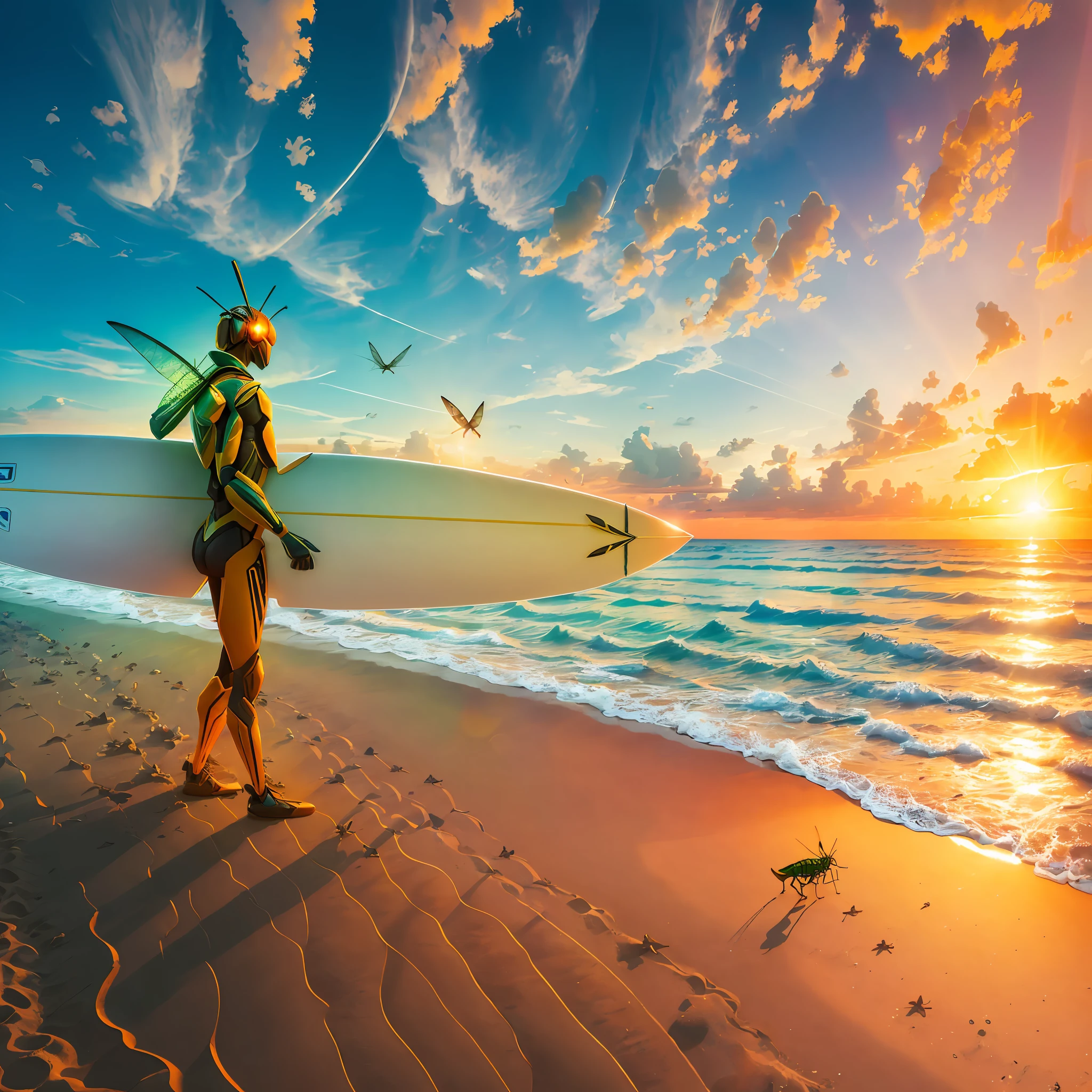 award-winning, futuristic photograph of a Grasshopper with a surfboard under his arm walking on the sand of a paradisiacal beach with a beautiful sunrise and the reflection of the sun's rays on the clouds with orange tones --auto --s2