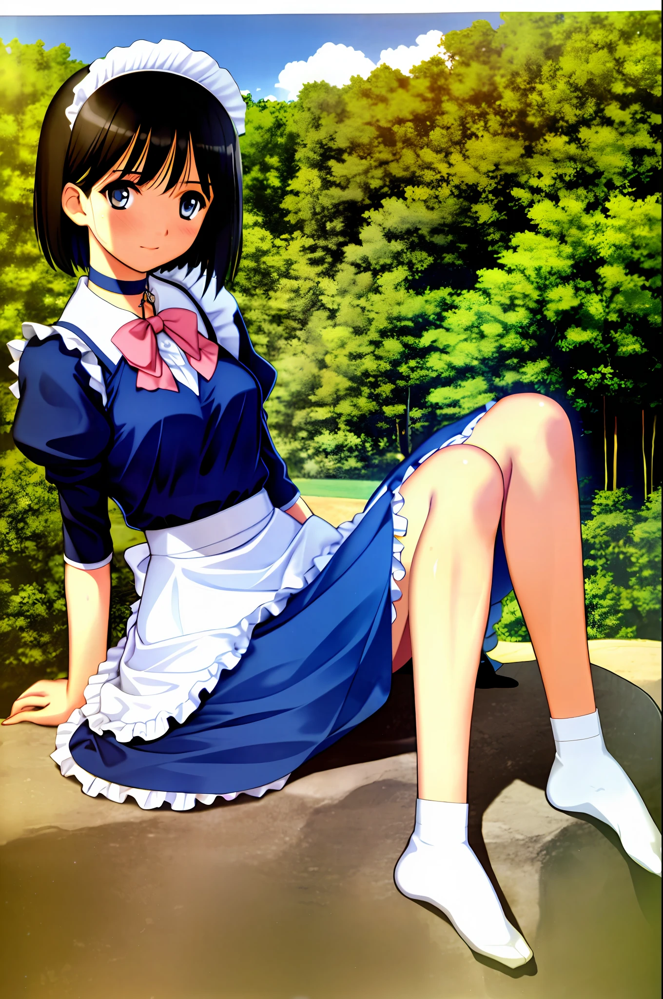 tony taka, 1girl, artist name, bangs, bare full body, blush, bottle, bow tie, breasts, buttons, choker, clouds, crop top, day, sleeve removal, hair accessory, holding, looking at the audience, maid headdress, mid-breast, outdoors, page number, short hair, skirt, sky, solo, sweat, beads of sweat, tree, open feet