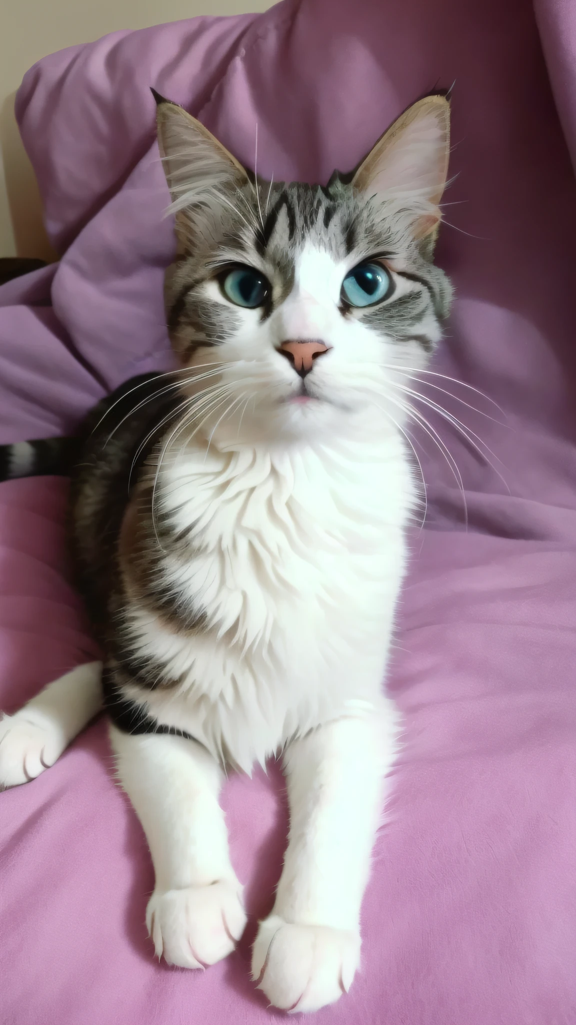 there is a cat that is sitting on a bed with a purple blanket, looks directly at camera, cat photo, she has a cute face, winking at the camera, is looking at the camera, the cat is smiling, looks at the camera, staring directly at camera, a cat is smiling, cute and friendly eyes, a cute cat, with cute doting eyes