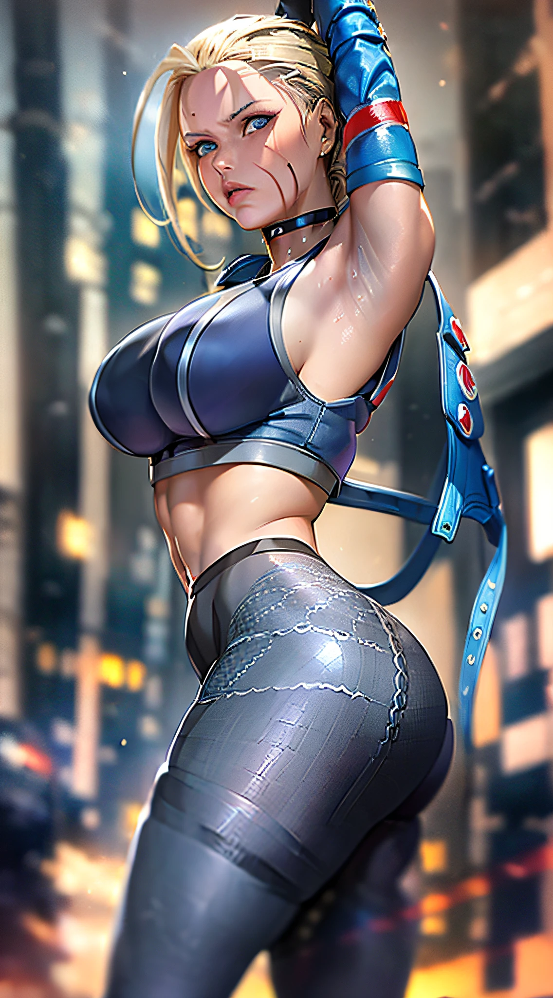 ((masterpiece)), ((best quality)), (ultra-detailed), ((sexy)), ((extremely detailed)), 4K, (8K), best quality, (beautiful), (((Cammy))), Cammy white, Cammy from street fighter 6, ((1girl)), ((scar from left side face)), ((mature women)), open navel, midriff, (((medieval city)), desert, morning, (((dark grey sports bra)))), (((beautiful blue eyes)), ((blue jacket)), beautiful shiny hair, (((dark grey pantyhose)))), muscular body, choker, (huge ass fitness 1.5) , big ass up for camera.