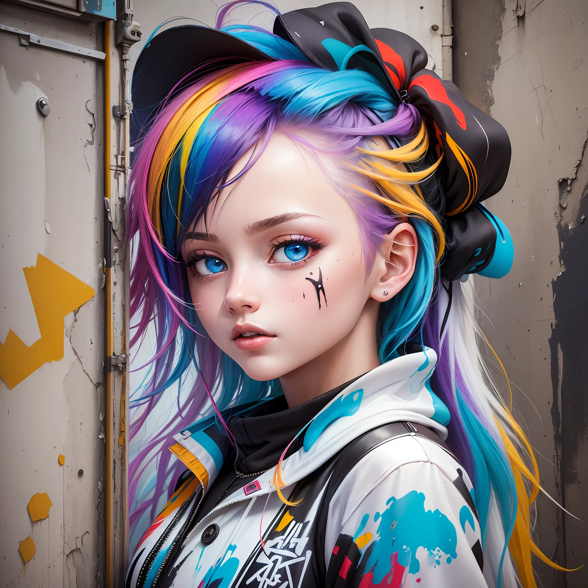 (Masterpiece), maximum quality, ultra detailed, graffiti art, oil painting, extremely delicate technique, with (1 girl with multicolored hair), white clothes, black details, (blue eyes), urban background, dynamic perspective, street decoration, multiple layers of paint. --auto --s2