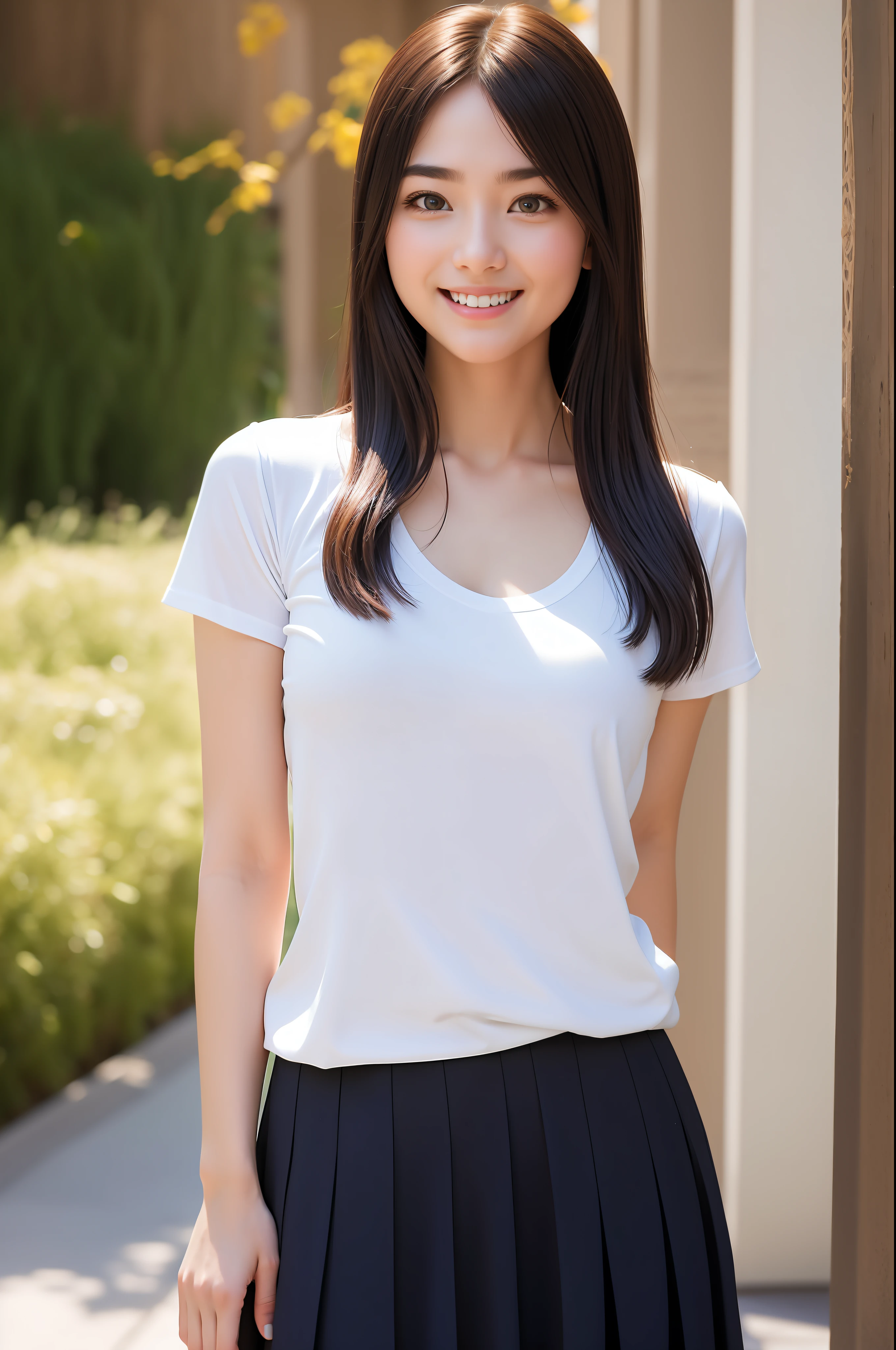 Full shot body photos of the world's most beautiful artwork (highly detailed CG unity 8k wallpapers), professional majestic oil paintings by Ed Blinky, Studio Ghibli, adorable smile, patchy duplex, thin eyebrows, Antonio Moro, ArtStation Trend, CGSociety Trend, High Detail, 1girl, pectoral_focus, Dramatic and realistic pictorial art by Midjourney and Greg Rutkowski, beautifly face, t-shirt, blouse, skirt, perfect_body.leaning_forward