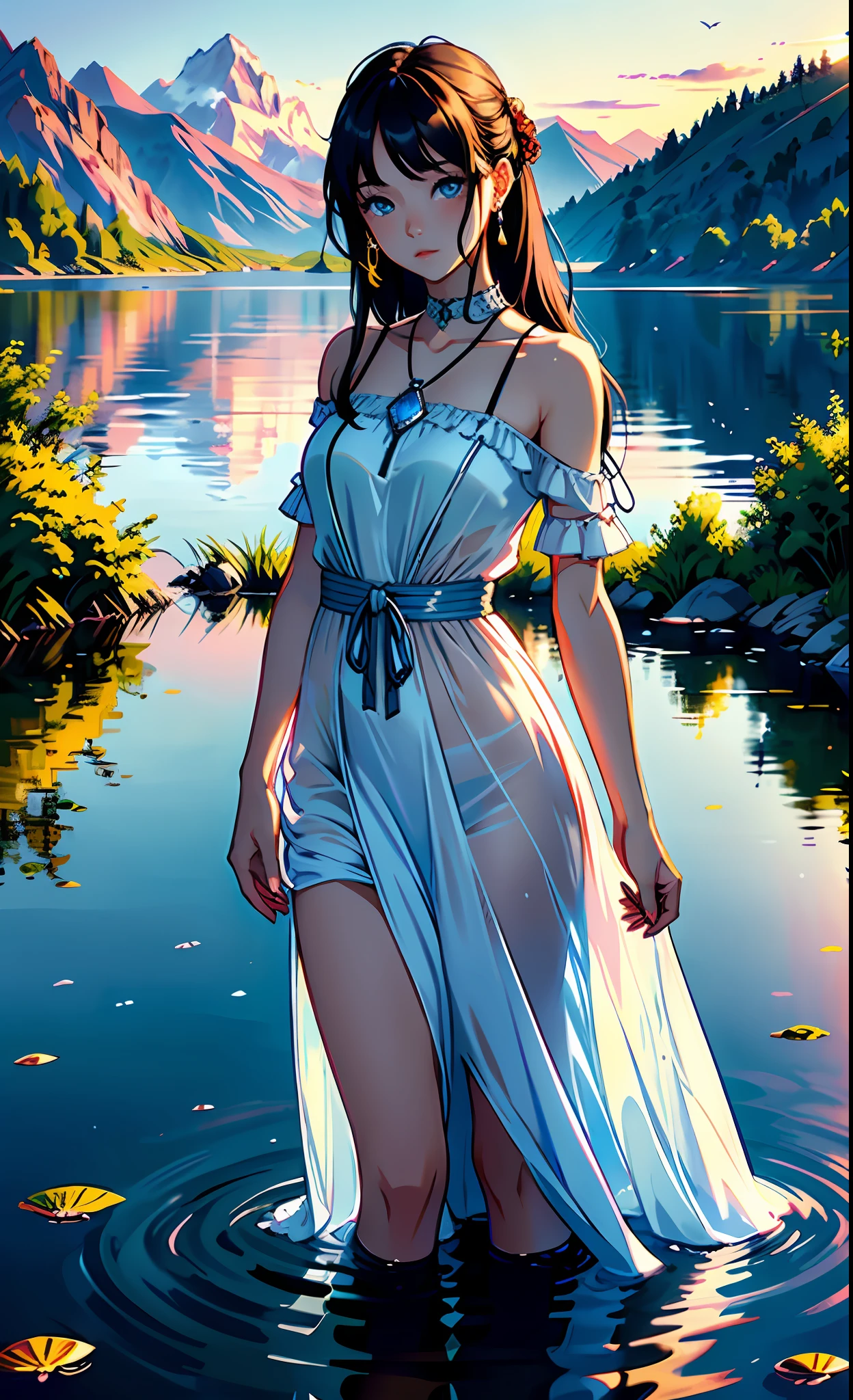 1 girl, serene expression, mesmerizing eyes, straight long hair, flowing dress, poised posture, porcelain skin, subtle blush, crystal pendant
BREAK
golden hour, (rim lighting):1.2, warm tones, sun flare, soft shadows, vibrant colors, painterly effect, dreamy atmosphere
BREAK
scenic lake, distant mountains, willow tree, calm water, reflection, sunlit clouds, peaceful ambiance, idyllic sunset, ultra detailed, official art, unity 8k wallpaper
, zentangle, mandala