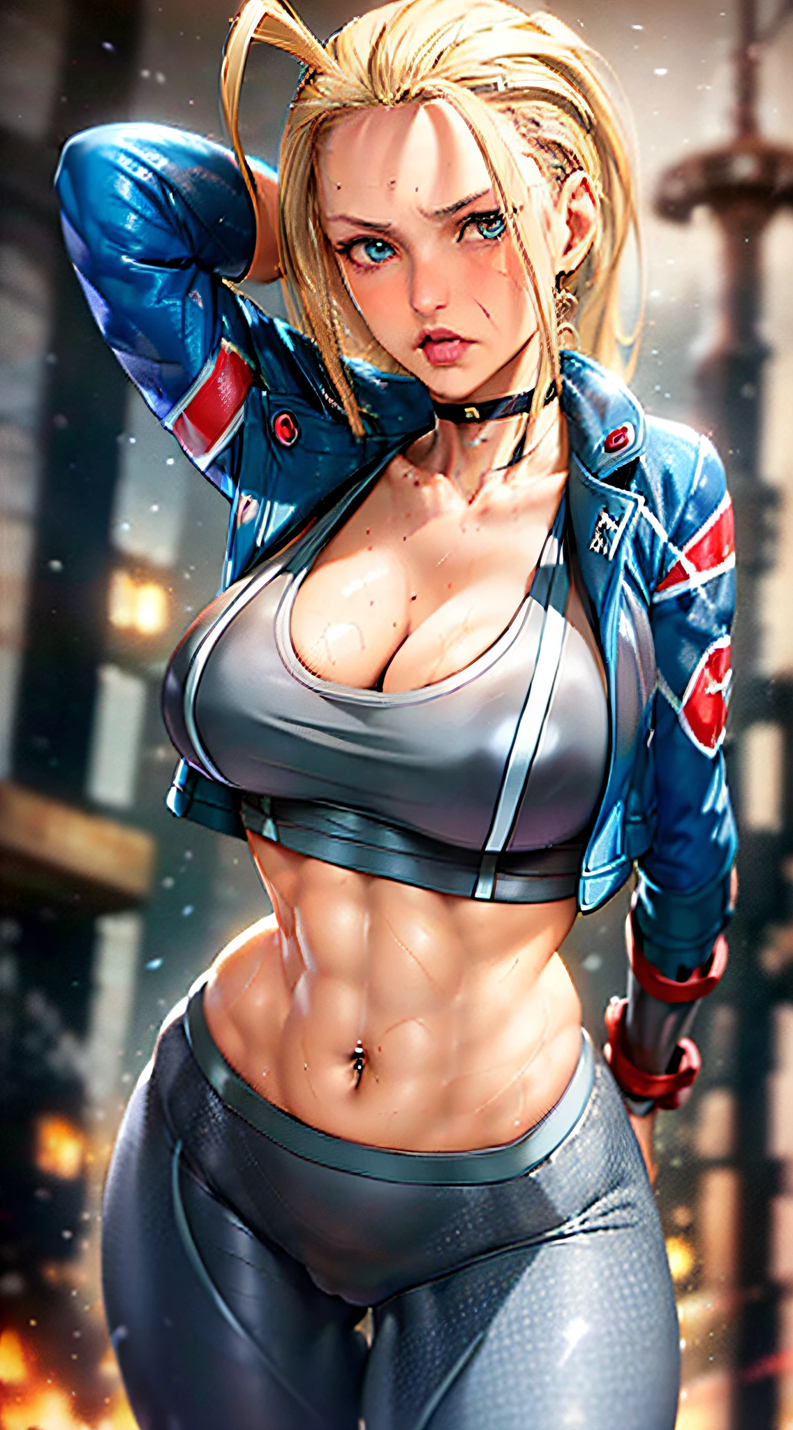 ((masterpiece)), ((best quality)), (ultra-detailed), (()), ((extremely detailed)), 4K, (8K), best quality, (beautiful), full body focus, upper body, background focus, (((Cammy))), white Cammy, Cammy from street fighter 6, ((1girl)), ((scar from left side face)), ((mature women)), open navel, midriff, (((medieval town)), desert, morning, (((dark grey sports bra)))), ((beautiful blue eyes)), (((blue jacket)), Beautiful shiny hair, (((dark gray pantyhose)))), muscular body, choker, sit-ups, big breast, wiggling ass for camera.