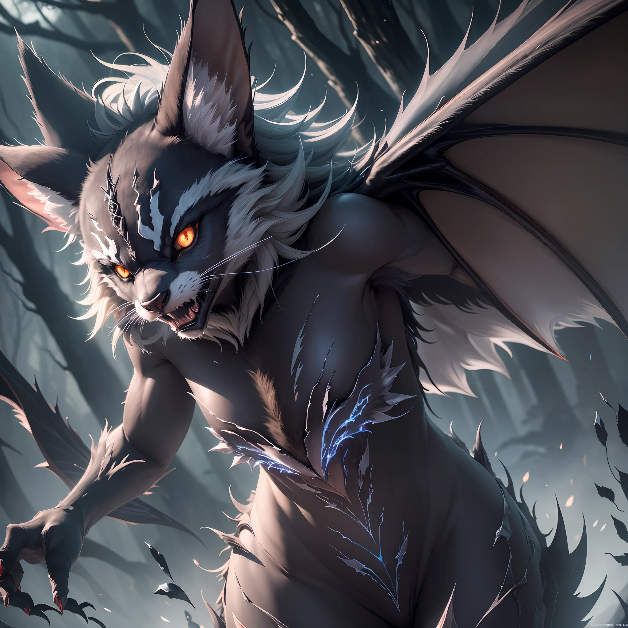 extremely detailed CG unity 8k wallpaper,masterpiece, best quality, ultra-detailed, best illumination, best shadow, an extremely delicate and beautiful, a terrifying and powerful creature, glowing eyes,(dark fur)+bat wings, claws, sharp teeth,(forest+dark atmosphere), dramatic and striking lighting, wide shot. --auto --s2