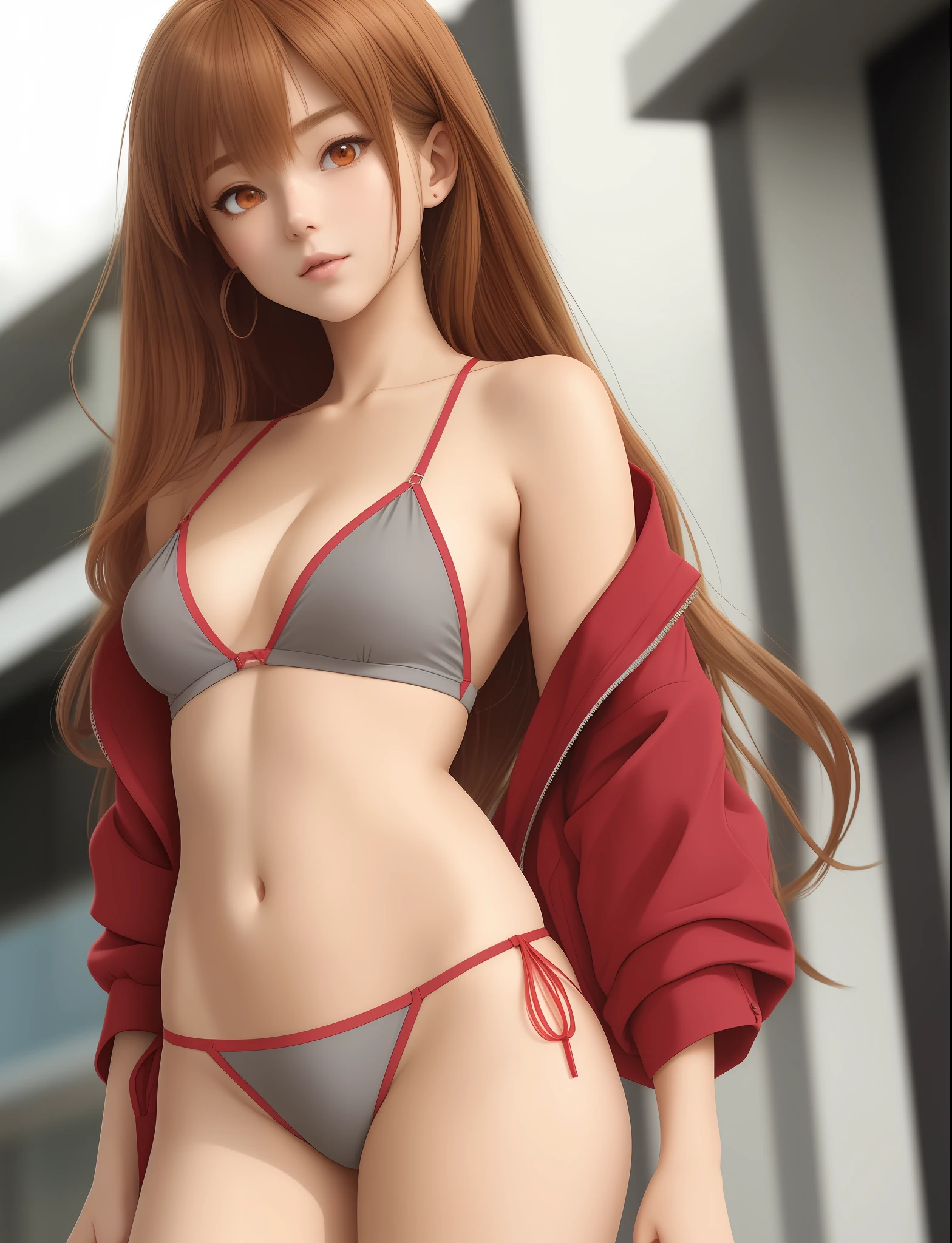 nudist, prepubescent, beautifully, full body,, asuka langley, shoulder length messy brown hair, heterochromia red and grey, Open shirt,36D,happy, shopping, Full body Beautiful anime style woman, clean detailed faces, intricate clothing, analogous colors, glowing shadows, depth of field, high quality, high detail, high definition, Luminous Studio graphics engine, cute face, slim waist, nice hips, 90s anime style VHS