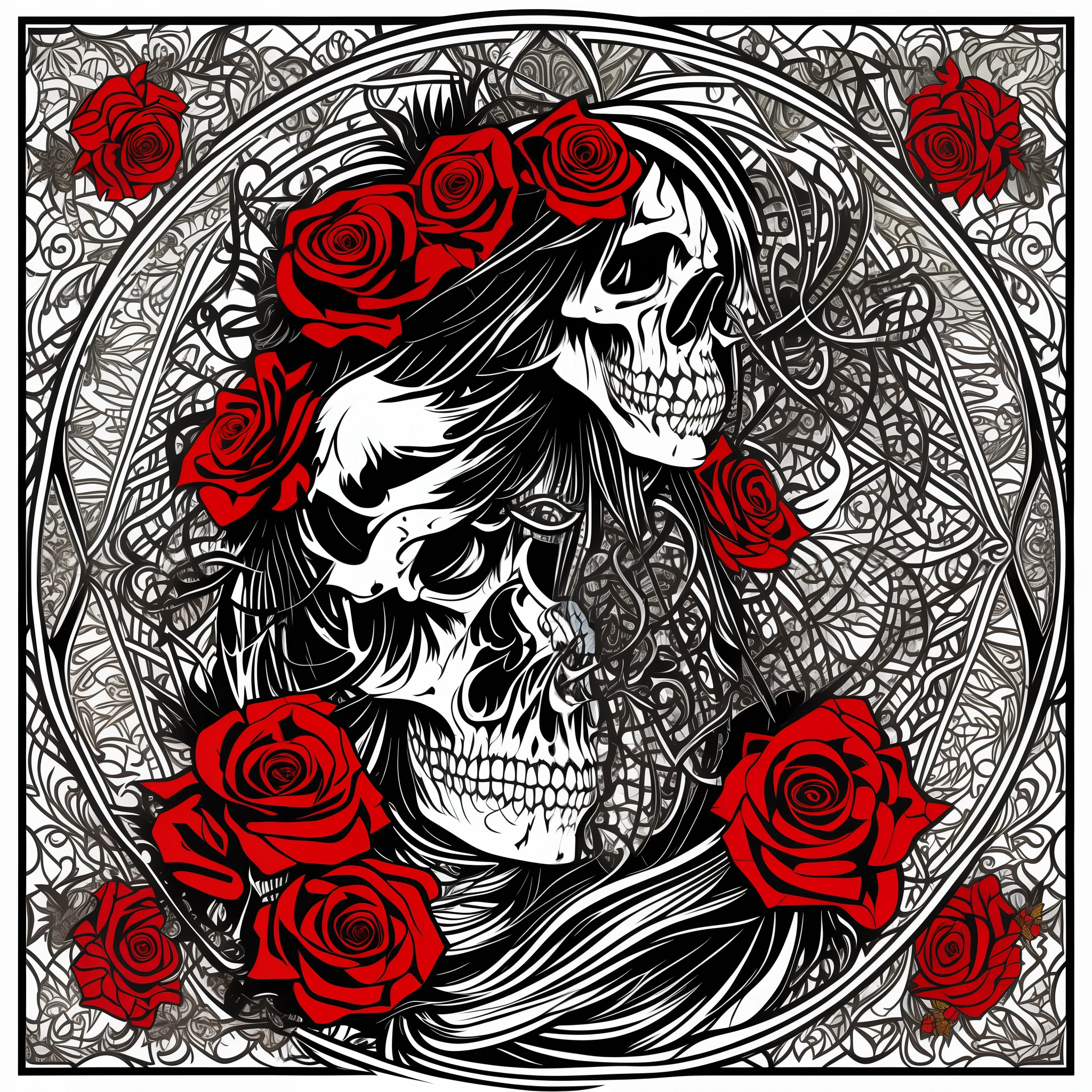 Ed Hardy Christian Audigier style vector print: Skull with crown of thorns, roses and tribal patterns. Strong lines, sinuous curves and elaborate details. Intense colors (black, red, gold). Striking typography. Basic settings: Pixel 1080x1080, Resolution 1, White Background. Advanced settings: Euler Method, Steps 20, CFG Scale 10, Seed 123, Upscale 2. Tags: [masterpiece], Ed Hardy, Christian Audigier, vector print, skull, crown, thorns, roses, tribal patterns, typography, intense colors. --auto --s2