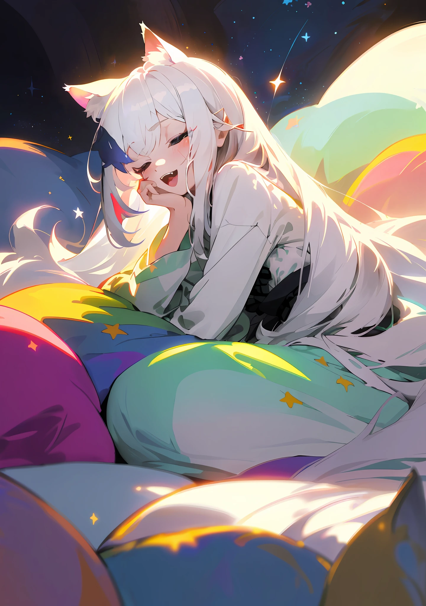 Brilliant Colorful Paintings, illustration, ligne claire, (dreamy), (colorful:1.3), perfect composition, original character, ((((Yawn))), comfutable, Cute Fangs, Windsweep Dished White Hair, Girl In Loose Pyjamas, Siting lying on a soft pillow, behind her is a huge moon and a sea of stars, (long white hair: 1.1), (eyes closed), masterpiece, natural volumetric light and best shadows, depth of field, sharp focus, amazing portrait of beautiful cat-eared girl, soft and delicate beautiful charming face with charming black eyes, cute small breasts, sharp eyeliner, blooming, picturesque,