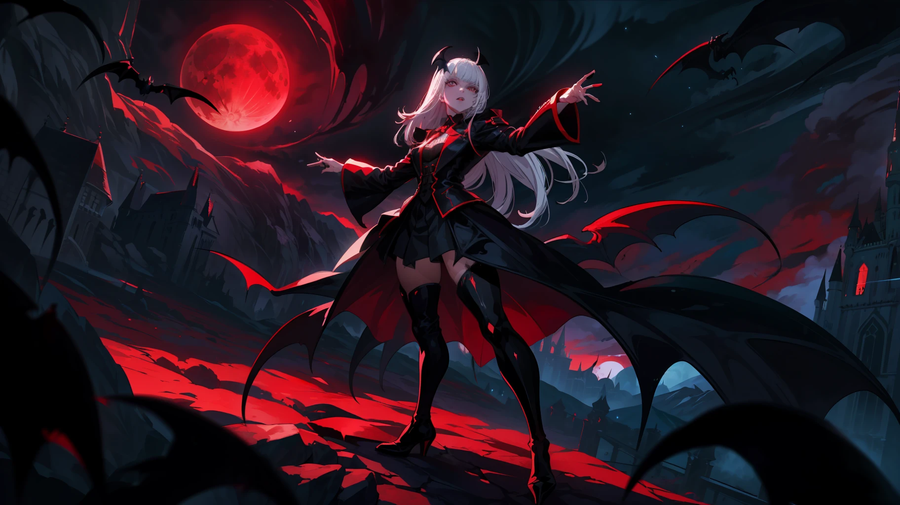 (a melhor qualidade:1.4), anime, 1 female vampire, dynamic pose, detailed character design, vibrant colors, dramatic lighting, high contrast, creative composition, expansive landscape, blood moon, night, folhas ao vento, the vampire's castle