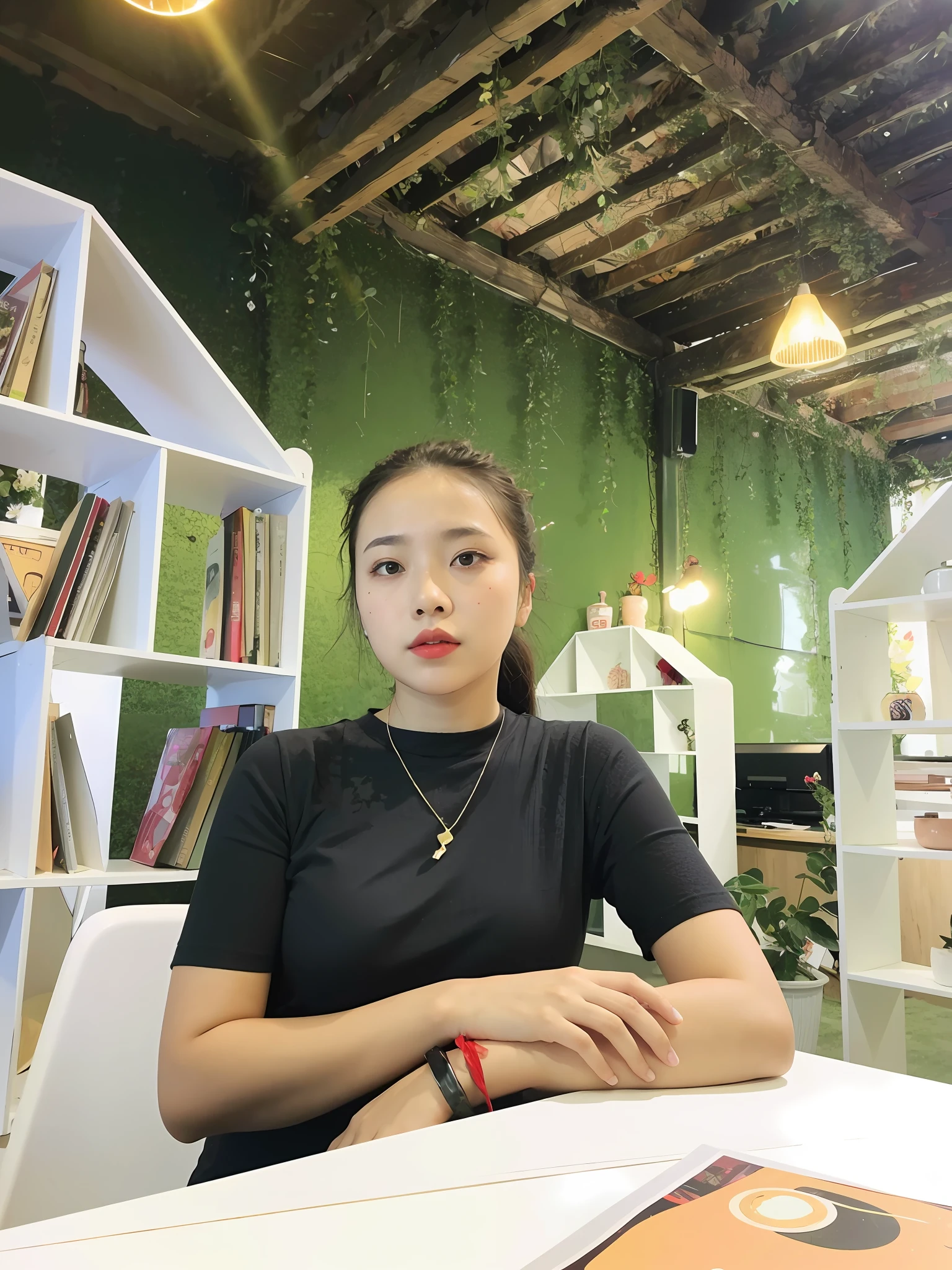 dark theme , (best quality, masterpiece:1.2), 18yo girl in garden, black cleavage dress, (red flowers mess in background:1.3)