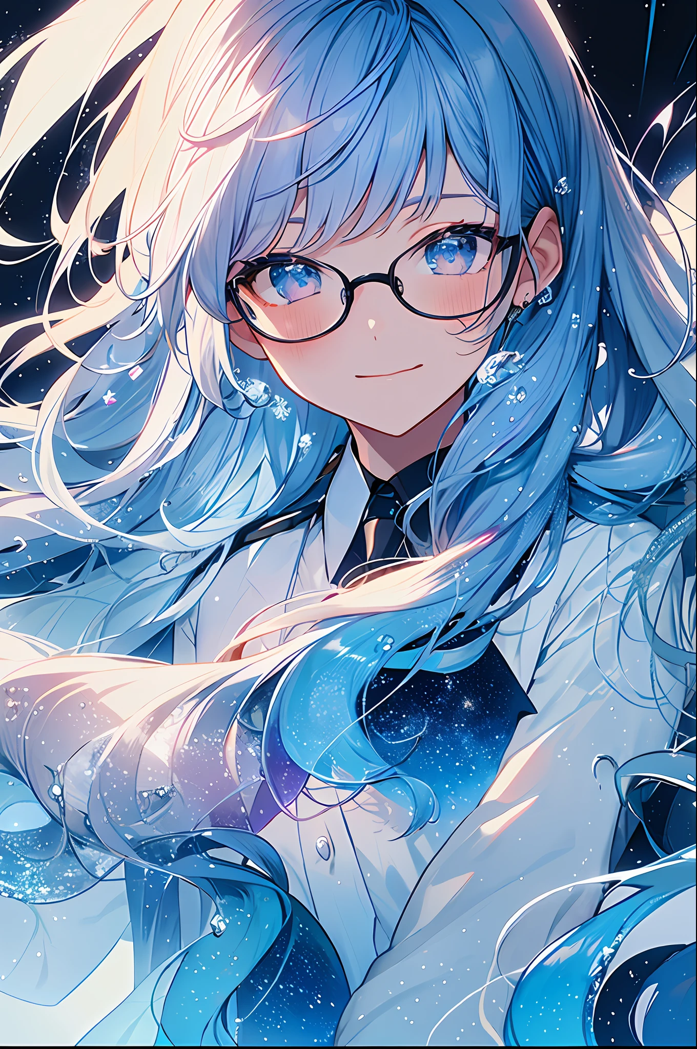 (Masterpiece, Top Quality, Best Quality, Watercolor (Medium), Official Art, Beautiful and Aesthetic: 1.2), (1 Girl: 1.3), (Fractal Art: 1.3), Star-shaped Pupil, Watching Viewer, Pattern, (Blue Hair, Light Blue Hair, Half Blue and Half Light Blue Hair: 1.2), Water, Liquid, Clouds, Colorful, Starry Sky, Stars, Smile, Glasses, Close Up, Rain, Wet, Red Moon, School Uniform, Glittering Eyes,