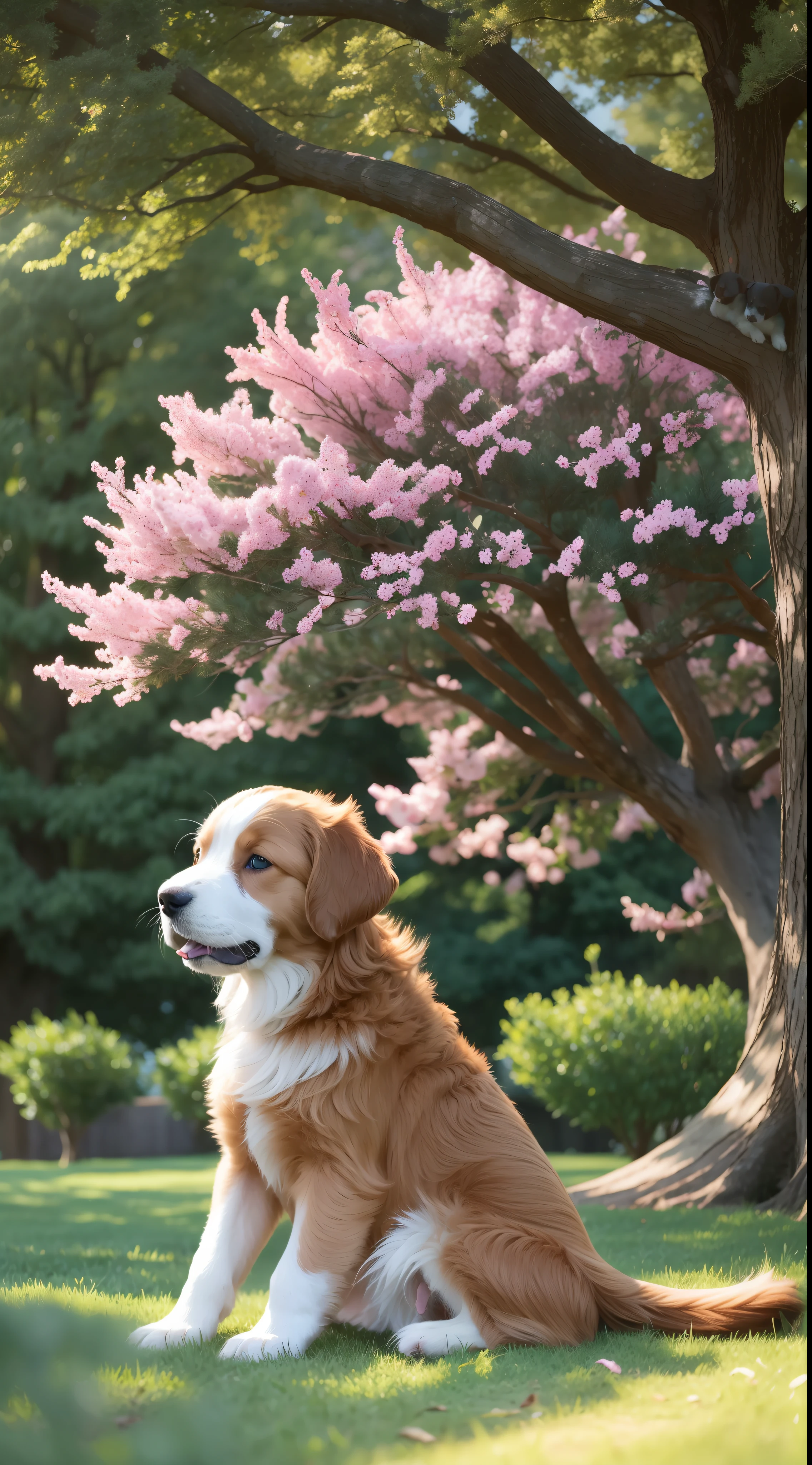 Puppy, sitting on lawn with a big tree in the distance, happy, smiling, masterpiece, 8k, high resolution, highest texture, better face, --v6