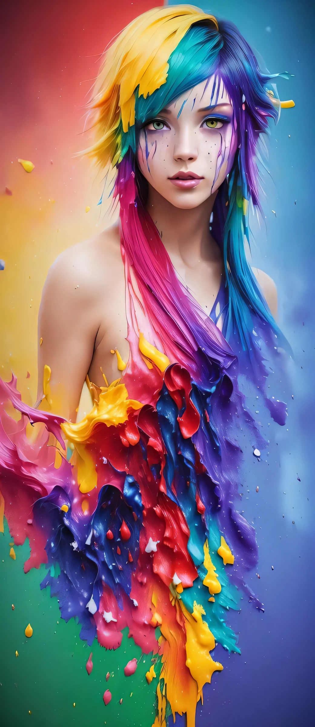 (level difference:1.8),(Paint colliding and splashing on the canvas),(depth of field),1girl's side face blends into it,((side face)),open mouth,(liquid paint rainbow hair:1.1) made of paint and defies gravity,thick flowing,(paint splatter:1.3),Liquid state,stunningly beautiful, masterpiece, detailed background,ultra high quality model, ethereal background,abstract beauty, explosive volumetric, oil painting,heavy strokes,Romantic lighting,Sub-Surface Scatterring,lens 135mm,f1.8,glow,8k,high resolution, dreamy,ray tracing,hdr,god rays,