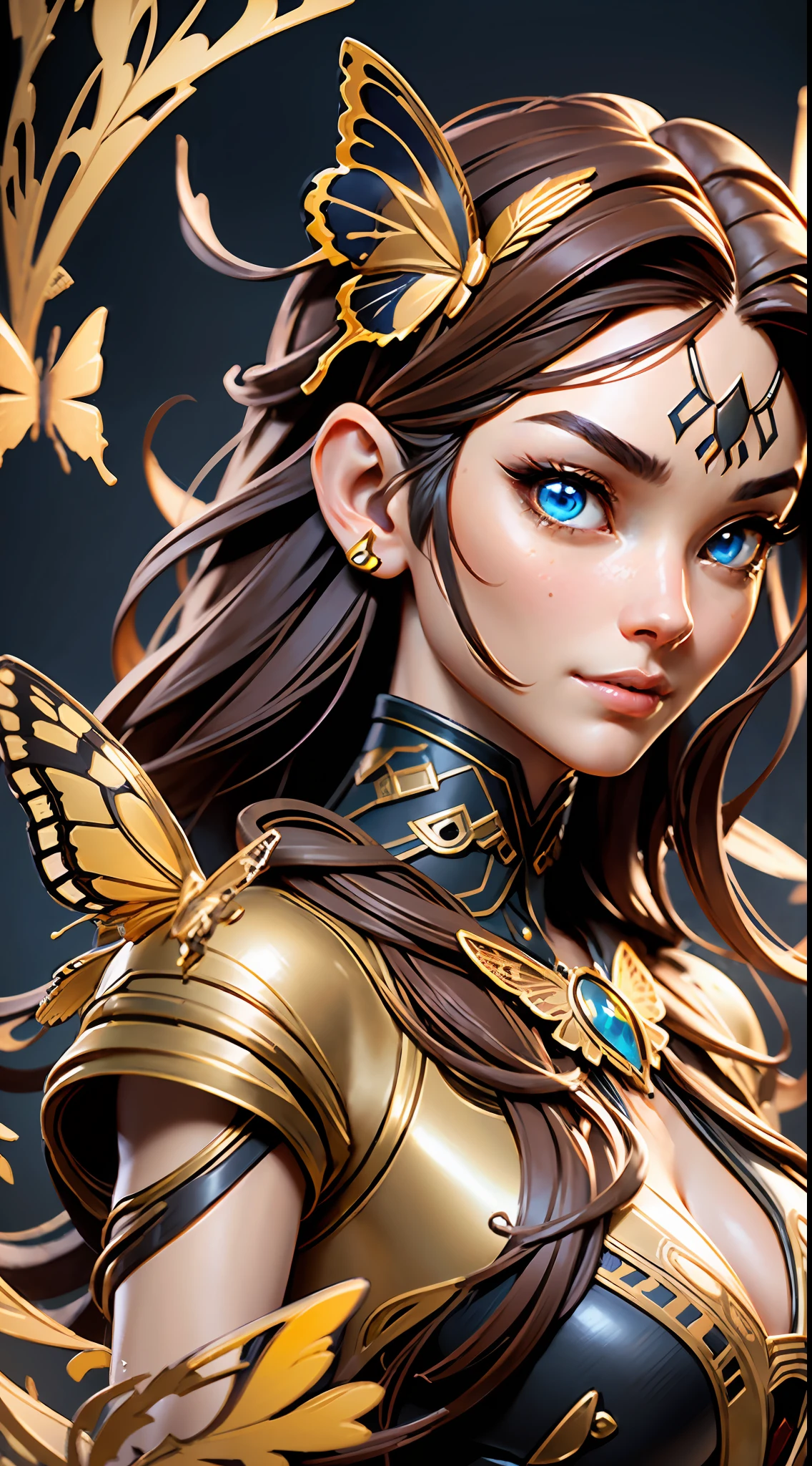 3dmm style,8k portrait of beautiful cyborg with brown hair, intricate, elegant, highly detailed, majestic, digital photography, art by artgerm and ruan jia and greg rutkowski surreal painting gold butterfly filigree, broken glass, (masterpiece, sidelighting, finely detailed beautiful eyes: 1.2), hdr,