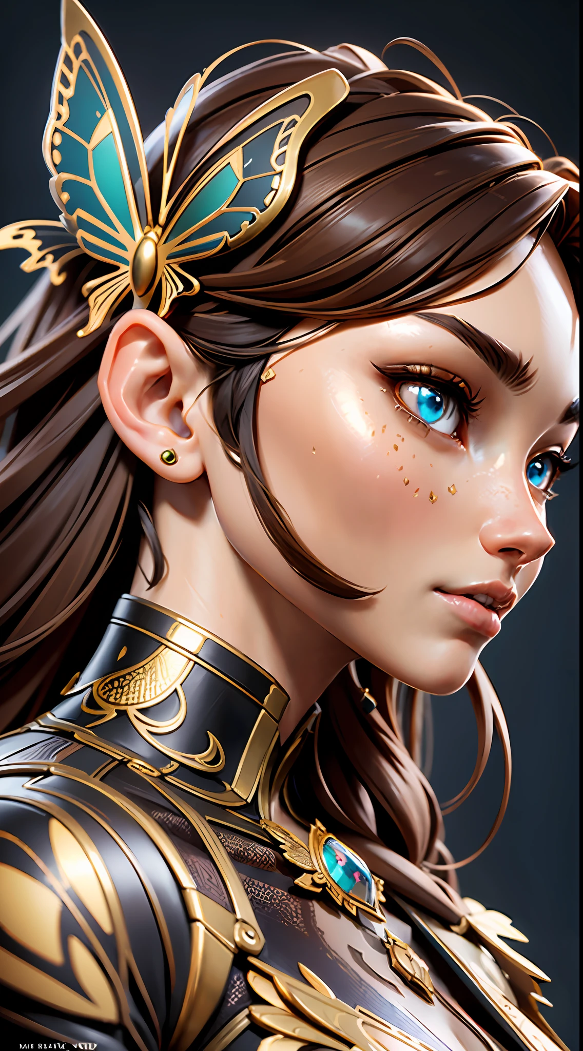3dmm style,8k portrait of beautiful cyborg with brown hair, intricate, elegant, highly detailed, majestic, digital photography, art by artgerm and ruan jia and greg rutkowski surreal painting gold butterfly filigree, broken glass, (masterpiece, sidelighting, finely detailed beautiful eyes: 1.2), hdr,