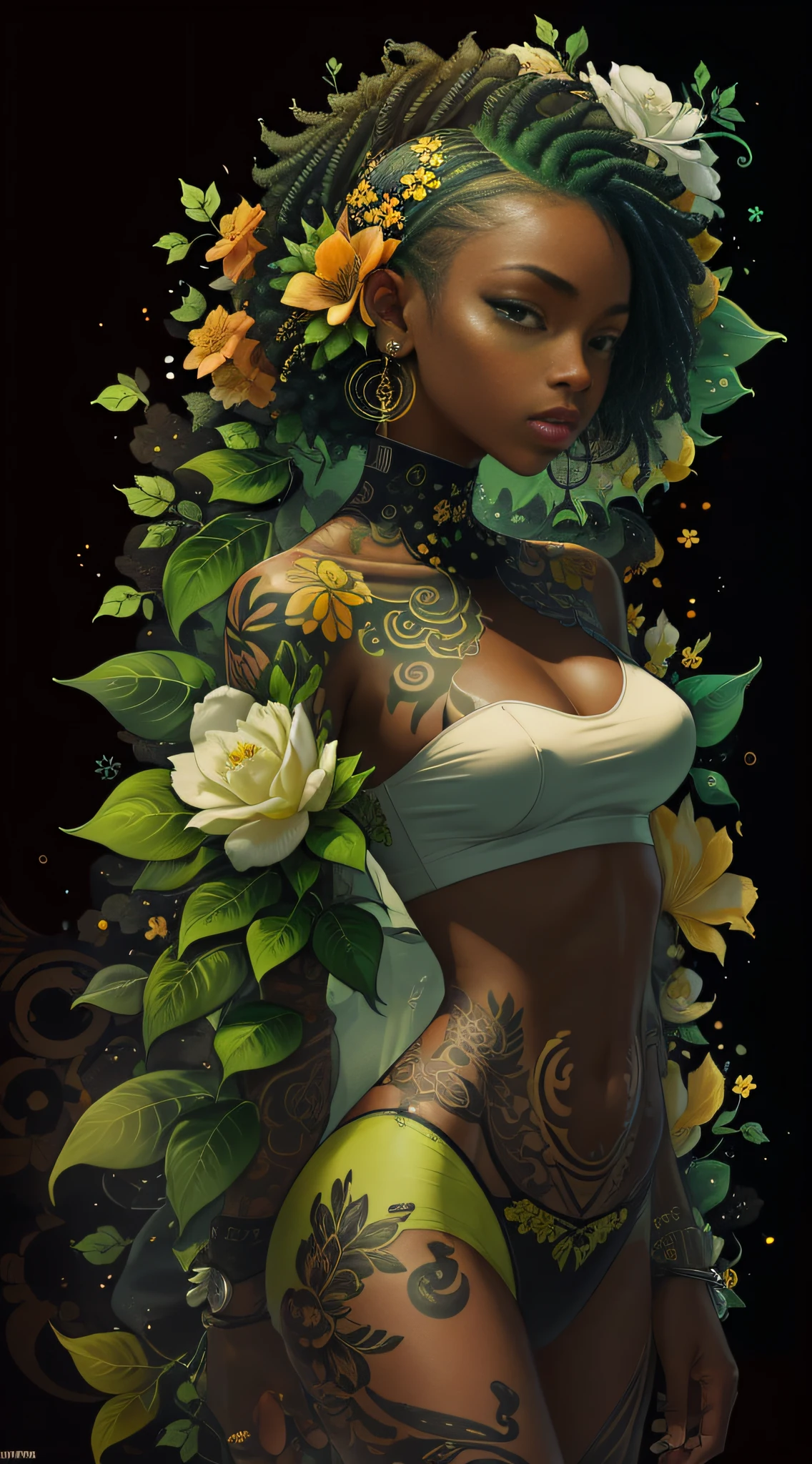 green: 1.5, orange: 1.1, white: 1.3, yellow: 1.3, (black woman), sexy, tattoos, (power puffer clothes: 1.2), flowers, leaves, mist, lines, background circles