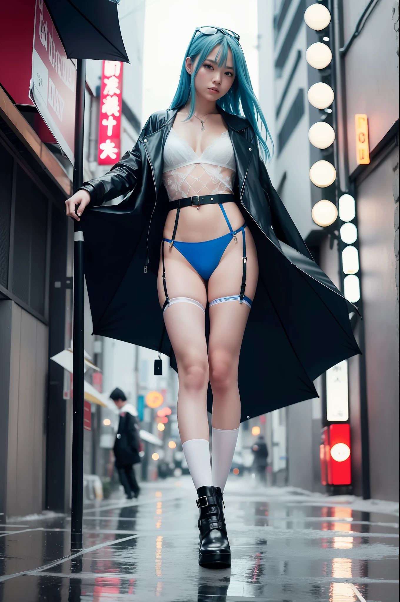 (best quality, masterpiece: 1.3), 1girl, rainy day, fog, alley, umbrella holding, large and transparent umbrella, looking at the viewer, blue hair, facing the photo, cyberpunk city, alone in the alley, neon in the alley, very reflective city, long hair, sized strands going over the alley, bars, Japan, Tokyo, garter belt on one leg, knee pad on the other leg, perfect hand, delicate, night