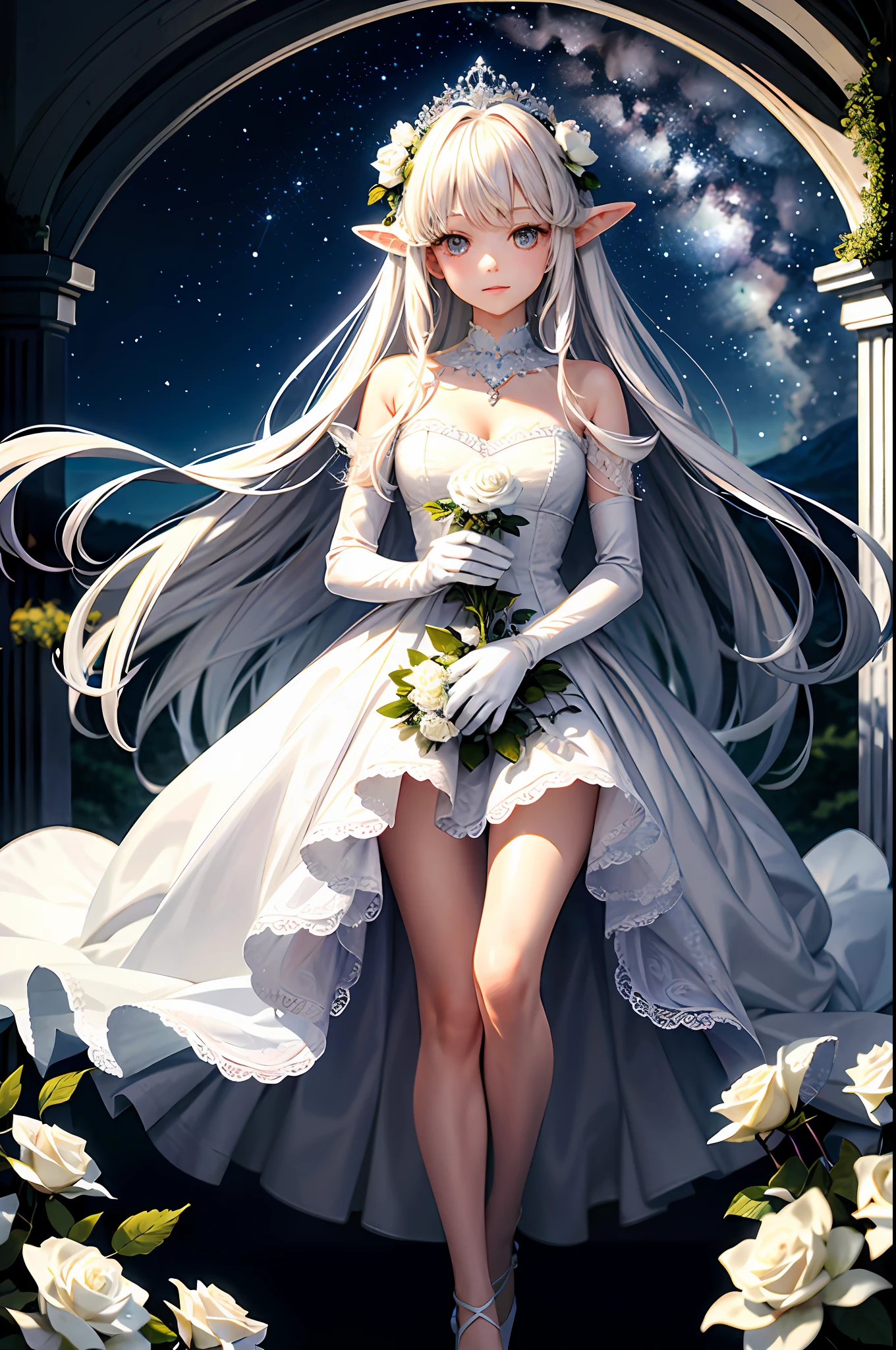(masterpiece, top quality: 1.2), 1girl, solo, cute, cute, cute, digital art, magic circle, platinum blonde, delicate eyes, awkward look, pure white ruffled dress, pure white color scheme, fair skin, high heels, white gloves, heart necklace, tiara, magic wand, fairy feather, transparent feather, white flower garden, transparent moonlight, shrub, bridge night cloud, starry sky, wind, rustling leaves, White rose, a lot of white roses blooming, white rose hair ornament, fairy, fairy feathers, white rose fairy, rose arch, milky way, elven ears, fairy feathers on the back