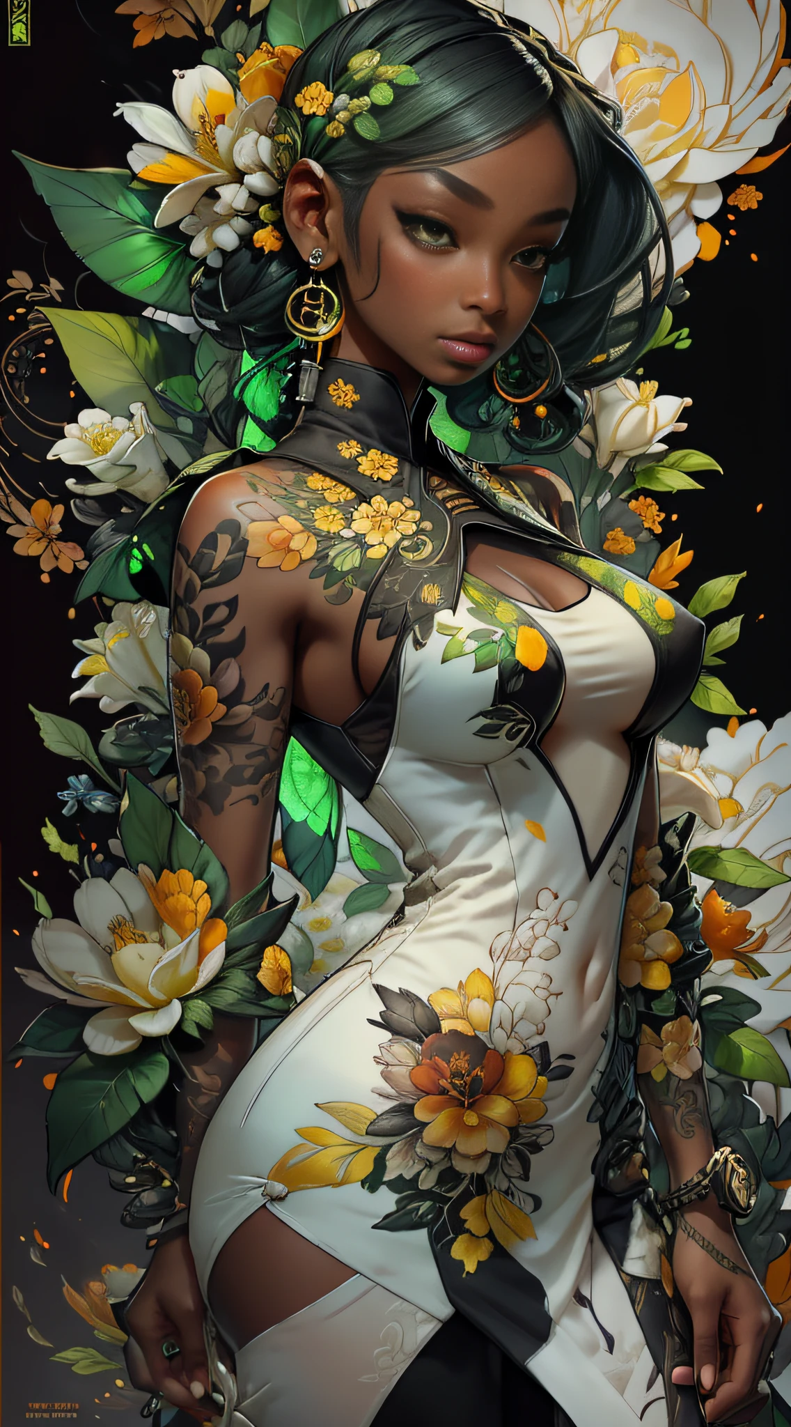 green: 1.5, orange: 1.1, white: 1.3, yellow: 1.3, (black woman), sexy, tattoos, (power puffer clothes: 1.2), flowers, leaves, mist, lines, background circles
